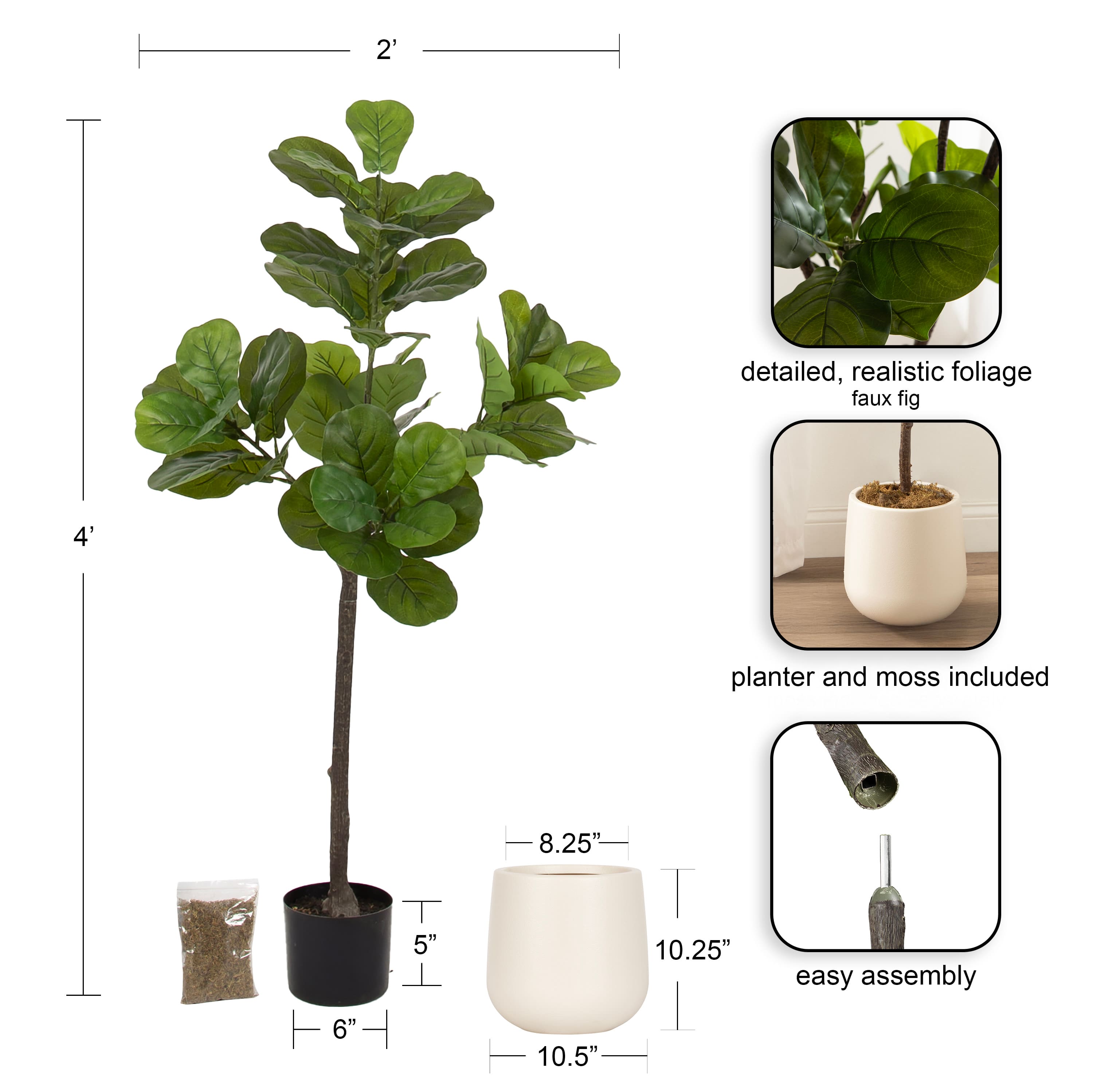 Kate and Laurel 4ft. Green Fidmont Faux Fiddle Fig Tree with Cream Planter