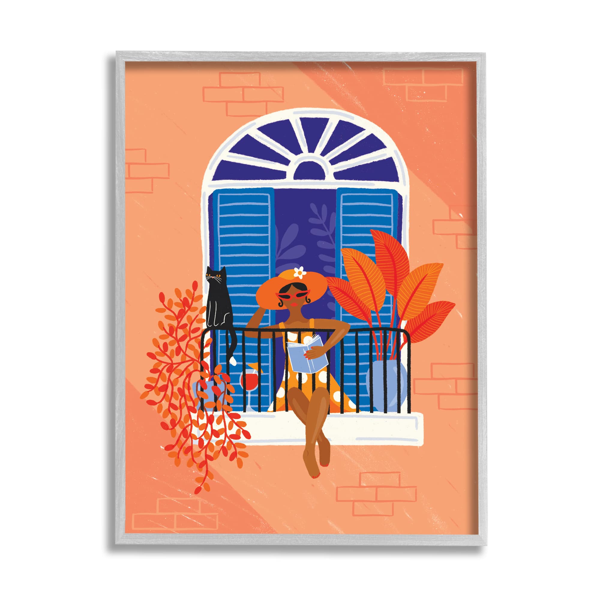 Stupell Industries Woman Reading Balcony Perched Cat Tropical Plants in Gray Frame Wall Art