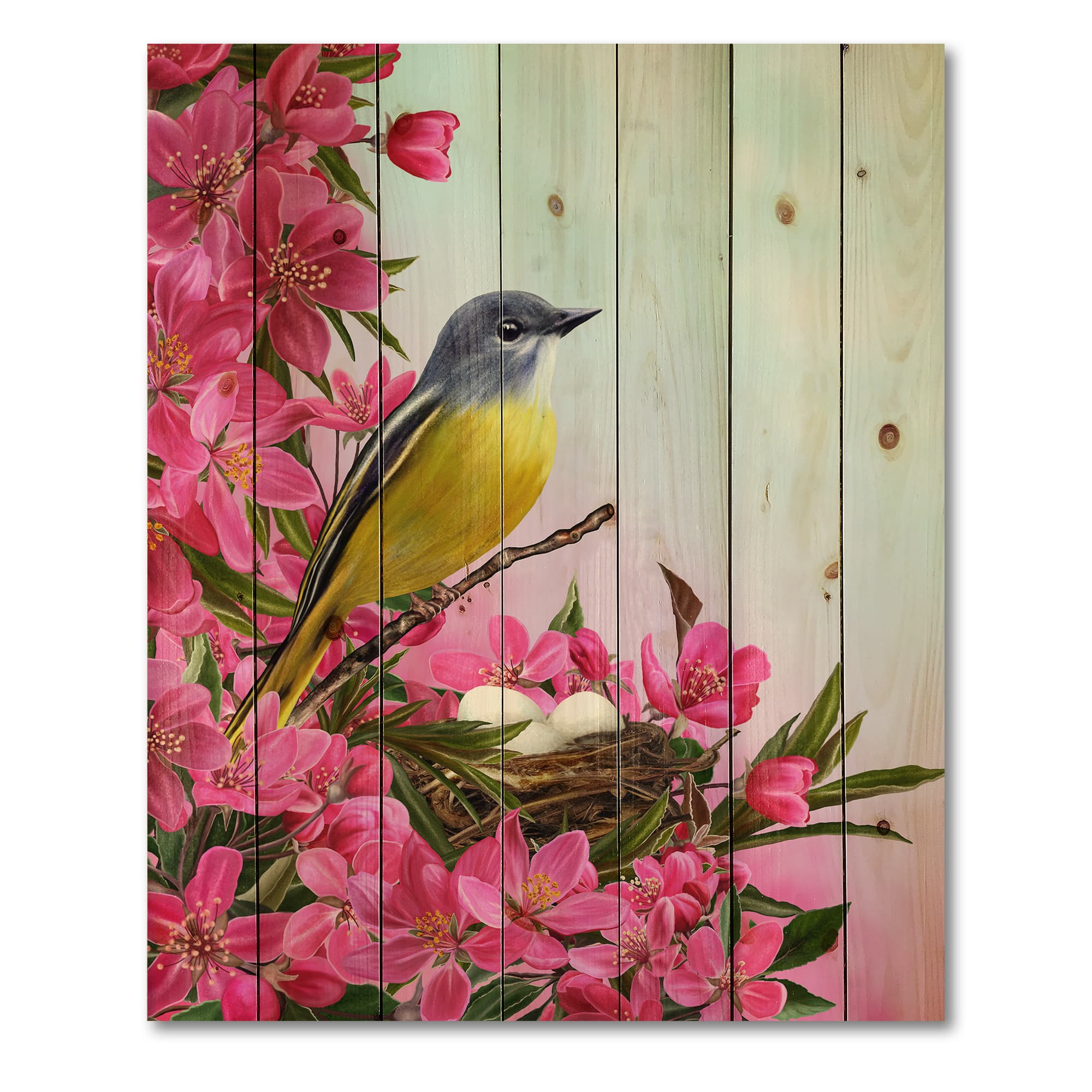 Designart - Little Yellow Bird Near The Nest with Flowers