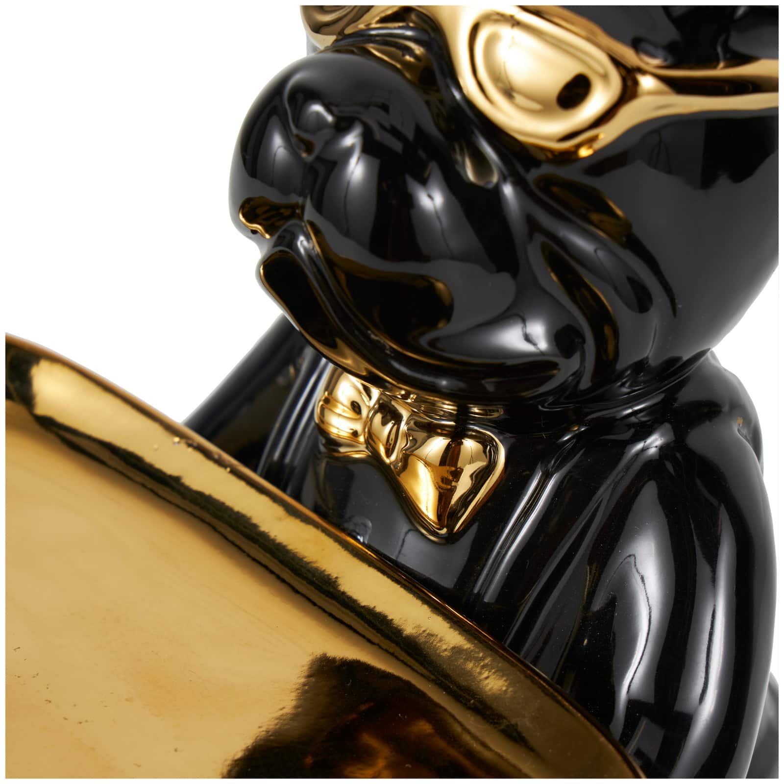 11.75" Black Ceramic Bulldog Sculpture with Golden Platter Décor