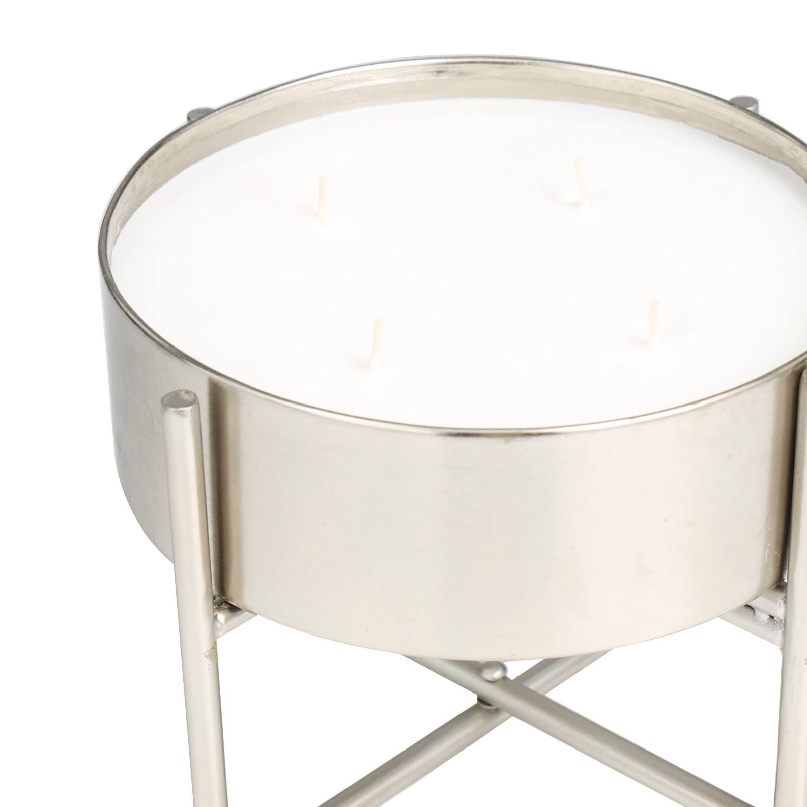 55oz. Sweet Bamboo Scented White 4 Wick Candle in Silver Bowl with Stand