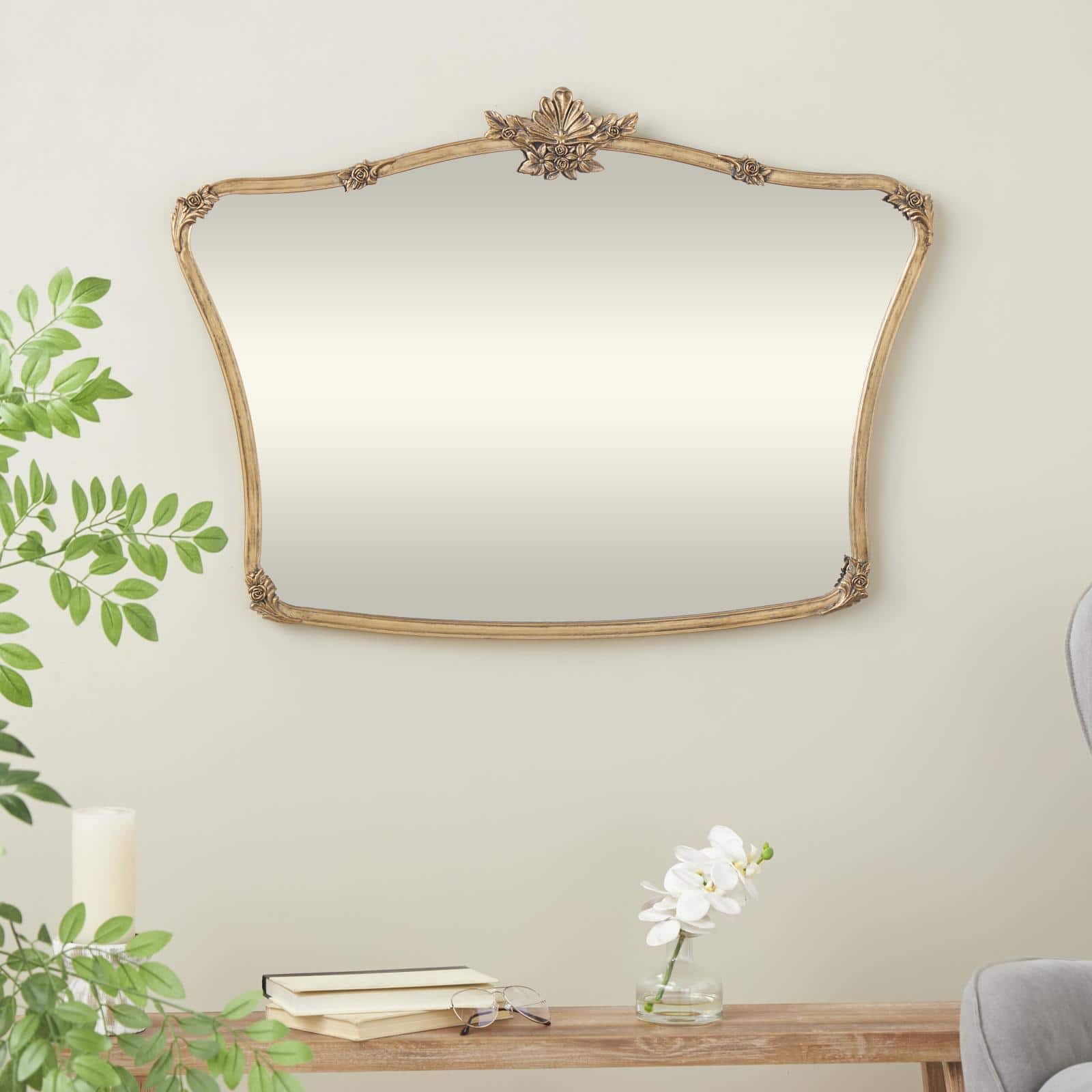 36" x 26" Gold Metal Floral Orante Antique Curved Wall Mirror