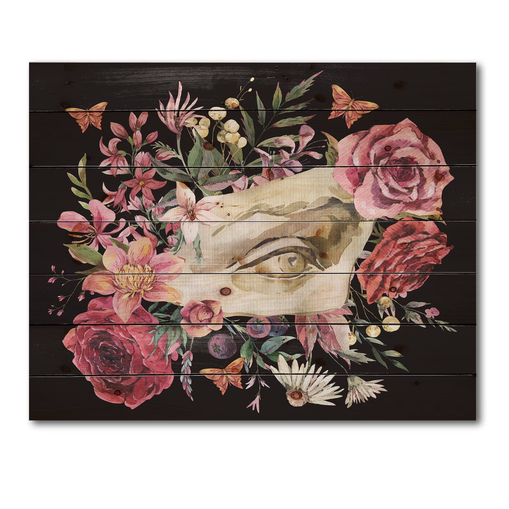 Designart - Greek Sculpture David Eye With Dried Wildflowers - Farmhouse Print on Natural Pine Wood
