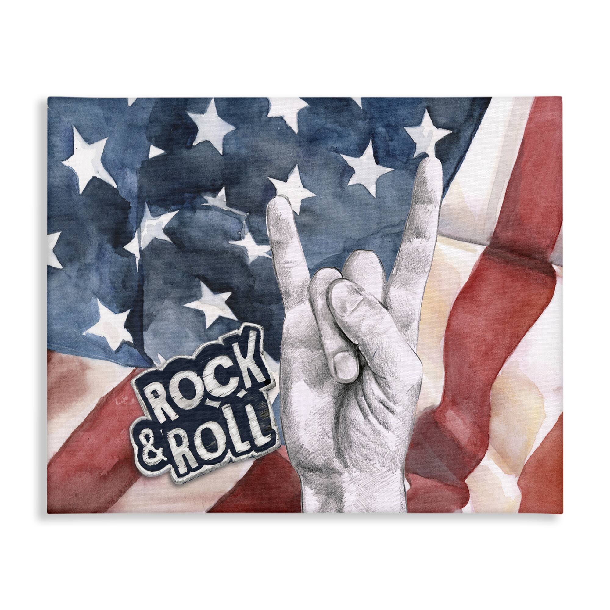 Stupell Industries Rock And Roll Hand And American Flag Design Canvas Wall Art