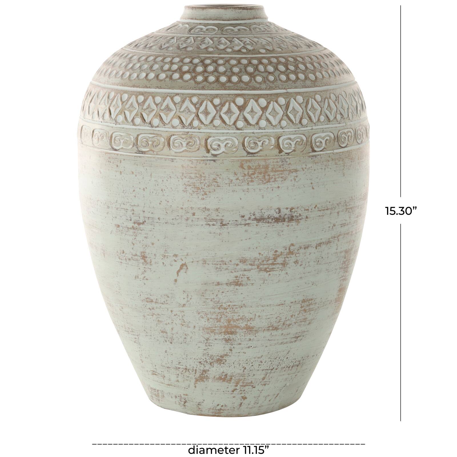 15.25" Green Ceramic Handmade Antique Style Decorative Vase with Geometric Tribal Carvings