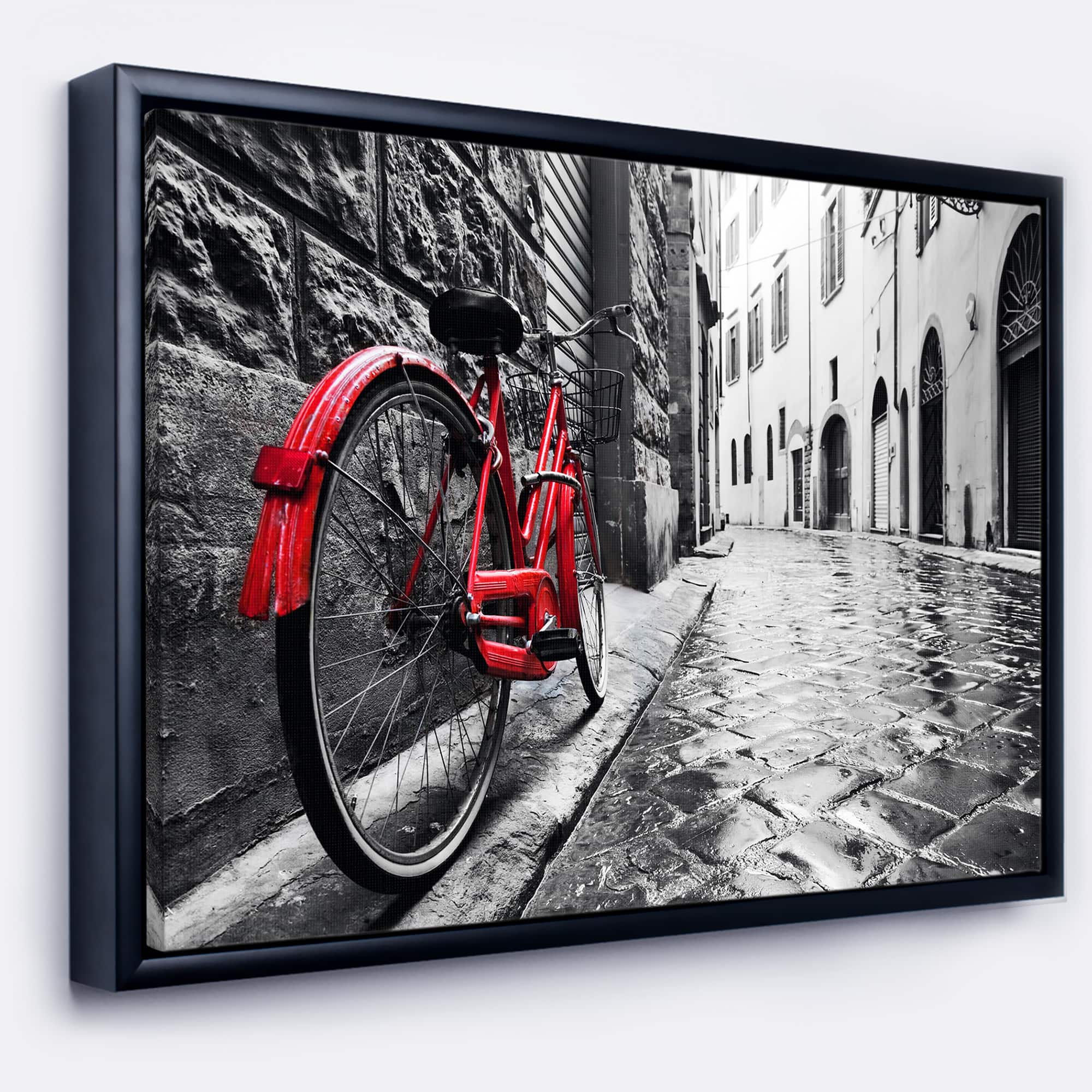 Designart - Retro Vintage Red Bike - Cityscape Photo Framed Canvas Art Print