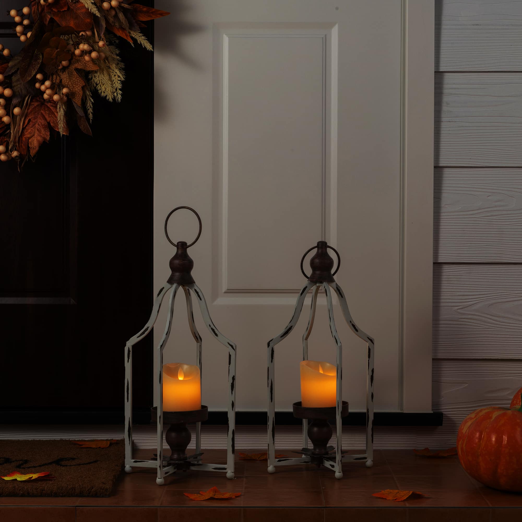 Glitzhome® 16.5" Modern Farmhouse White & Brown Metal Candle Lanterns,2ct.