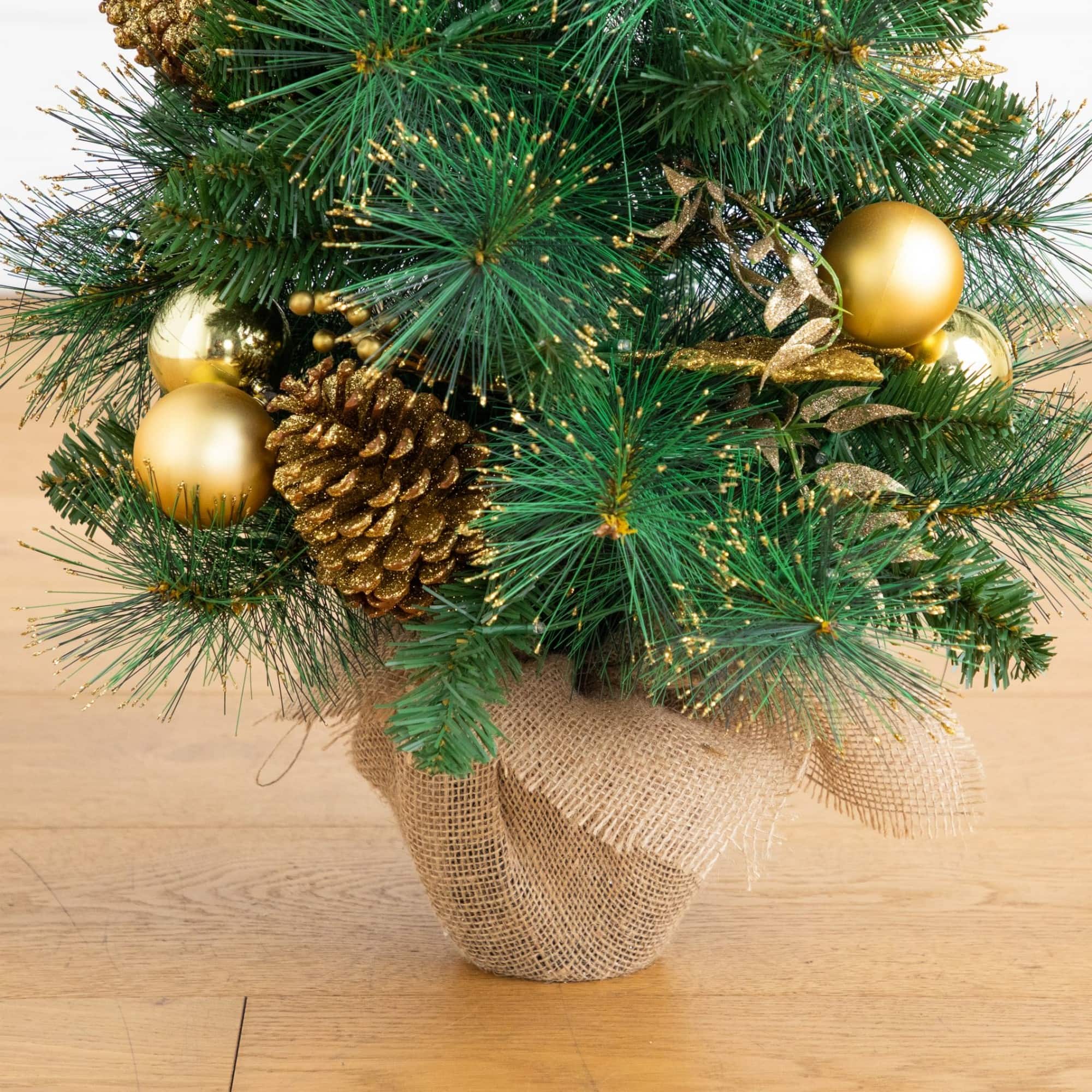 Nearly Natural 3ft. Pre-Lit Artificial Christmas Tree with Gold Ornaments & Pinecones in Jute Wrapped Base, Warm Lights