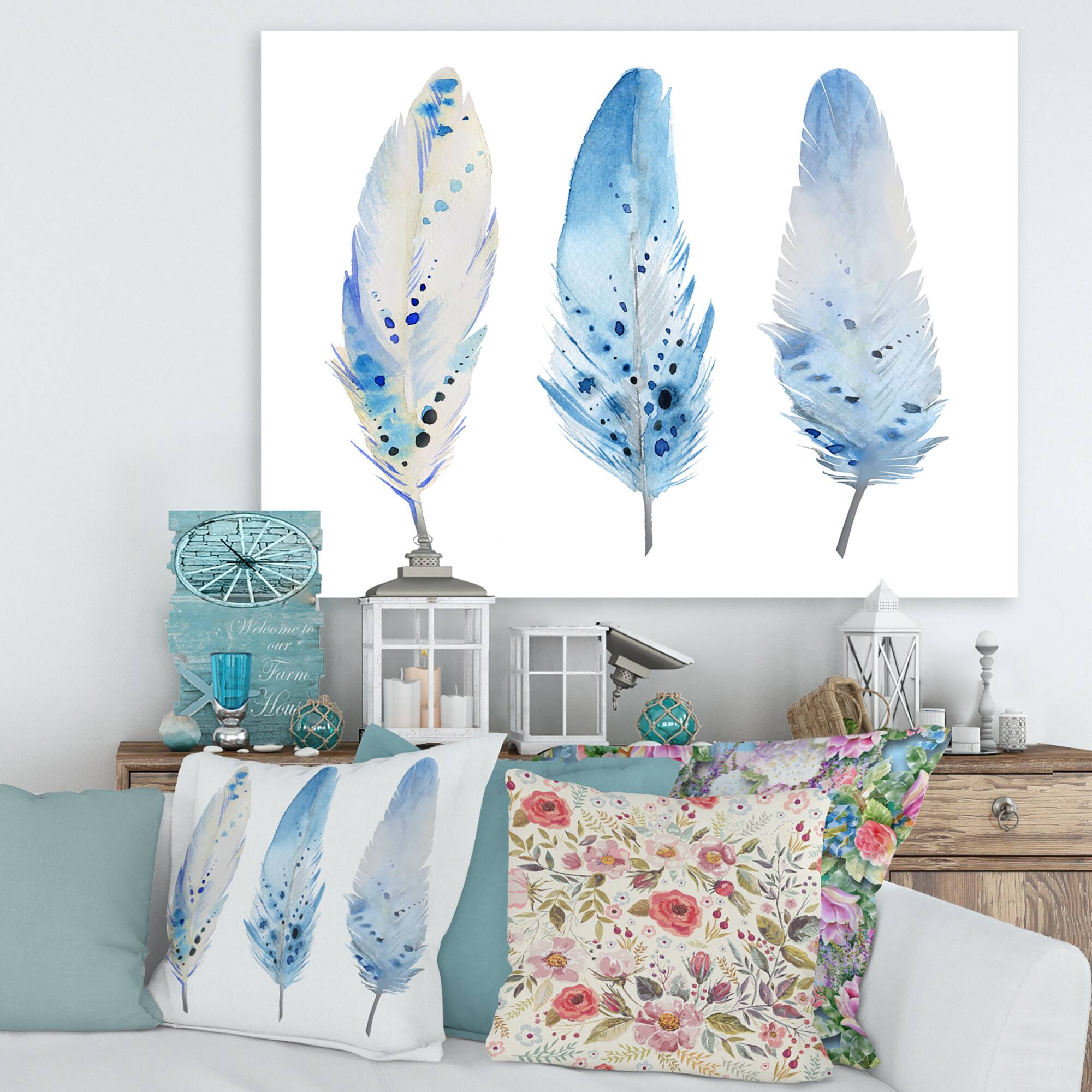 Designart - Blue Boho Feathers II - Lake House Canvas Wall Art Print