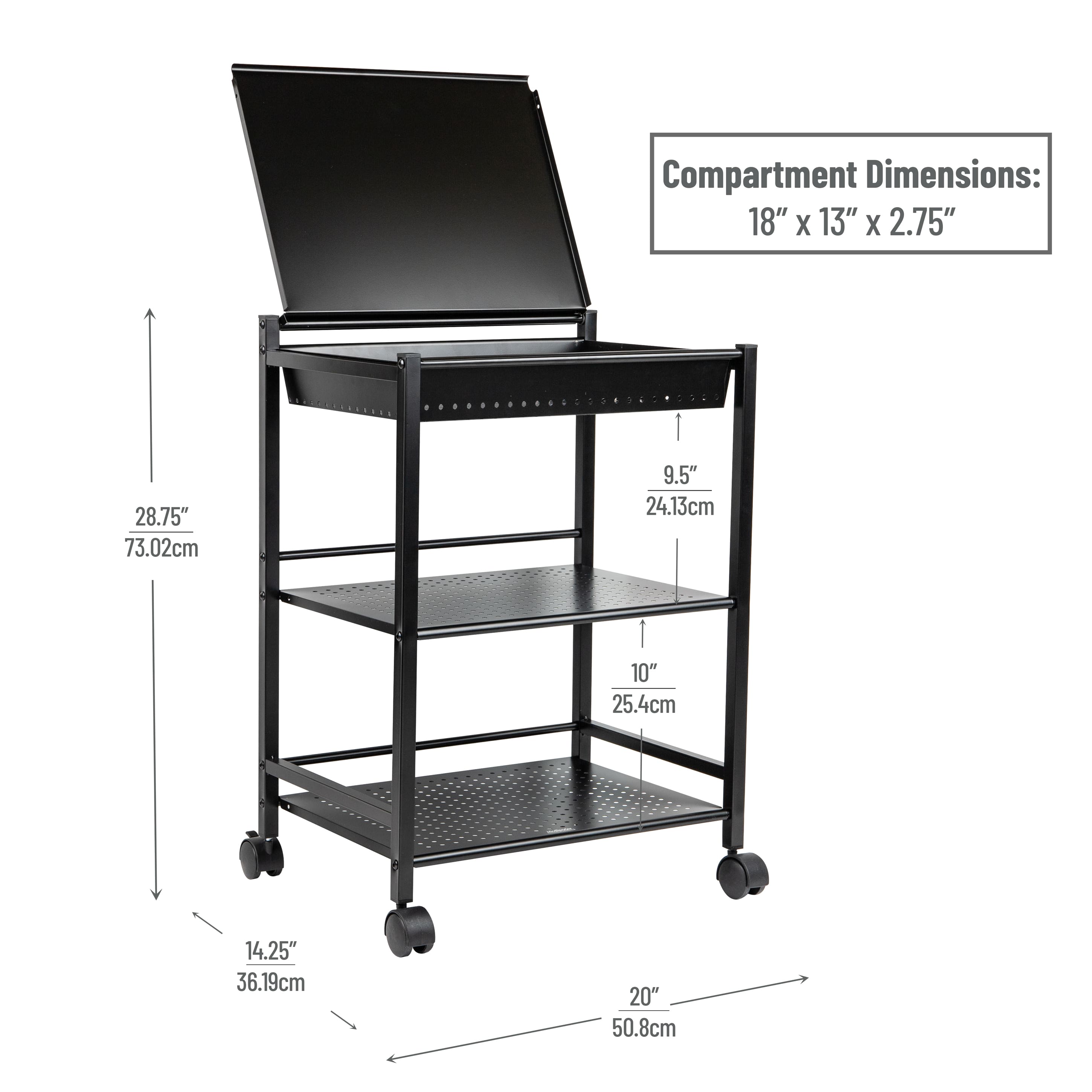 Mind Reader Cart with Covered Compartment, Office Organizer, Storage, 3-Tier, Office, Metal, Black