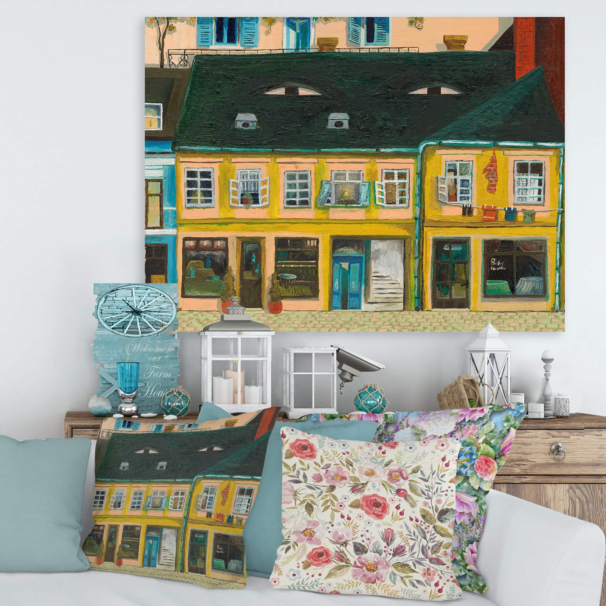 Designart - Yellow Facade of Houses In Street In Paris - French Country Canvas Wall Art Print