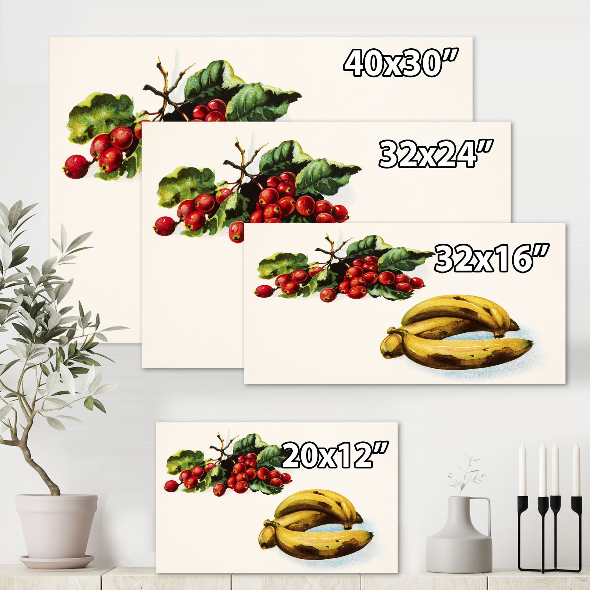Designart - Banana and Red Berries - Farmhouse Canvas Wall Art Print