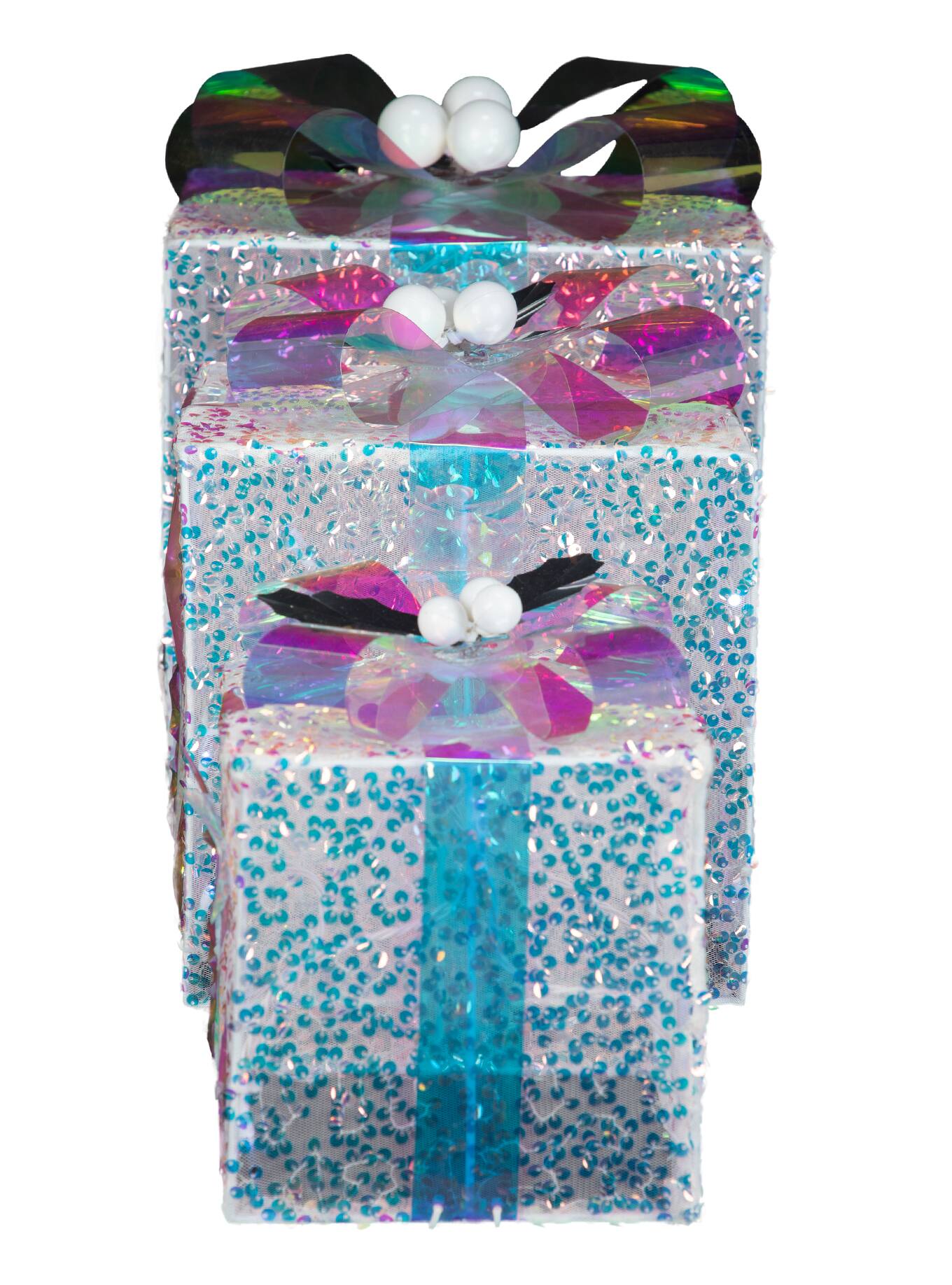 Sparkle Iridescent Sequin & Snowflakes LED Gift Box Décor Set