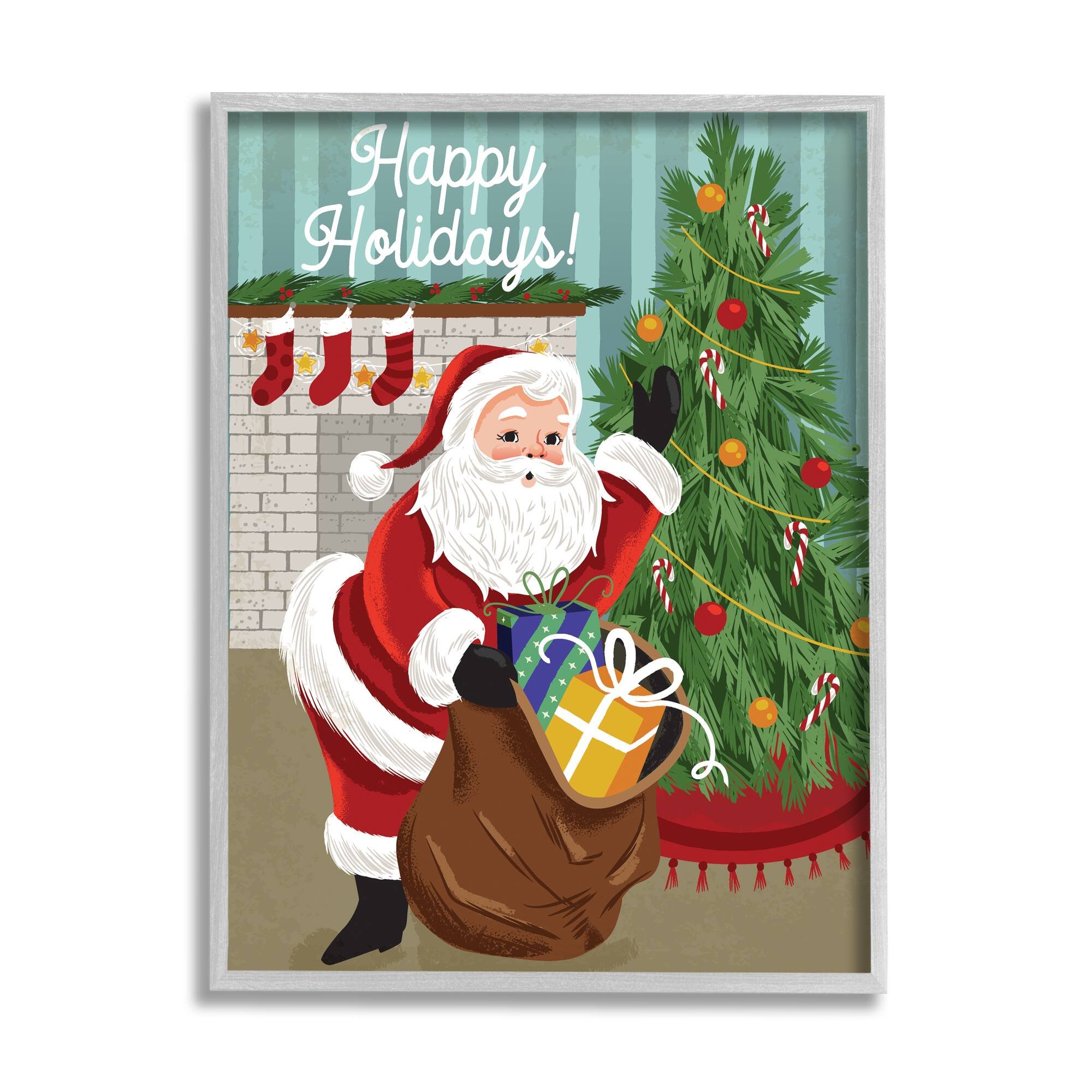 Stupell Industries Happy Holidays Santa Gift Bag Framed Giclee Art