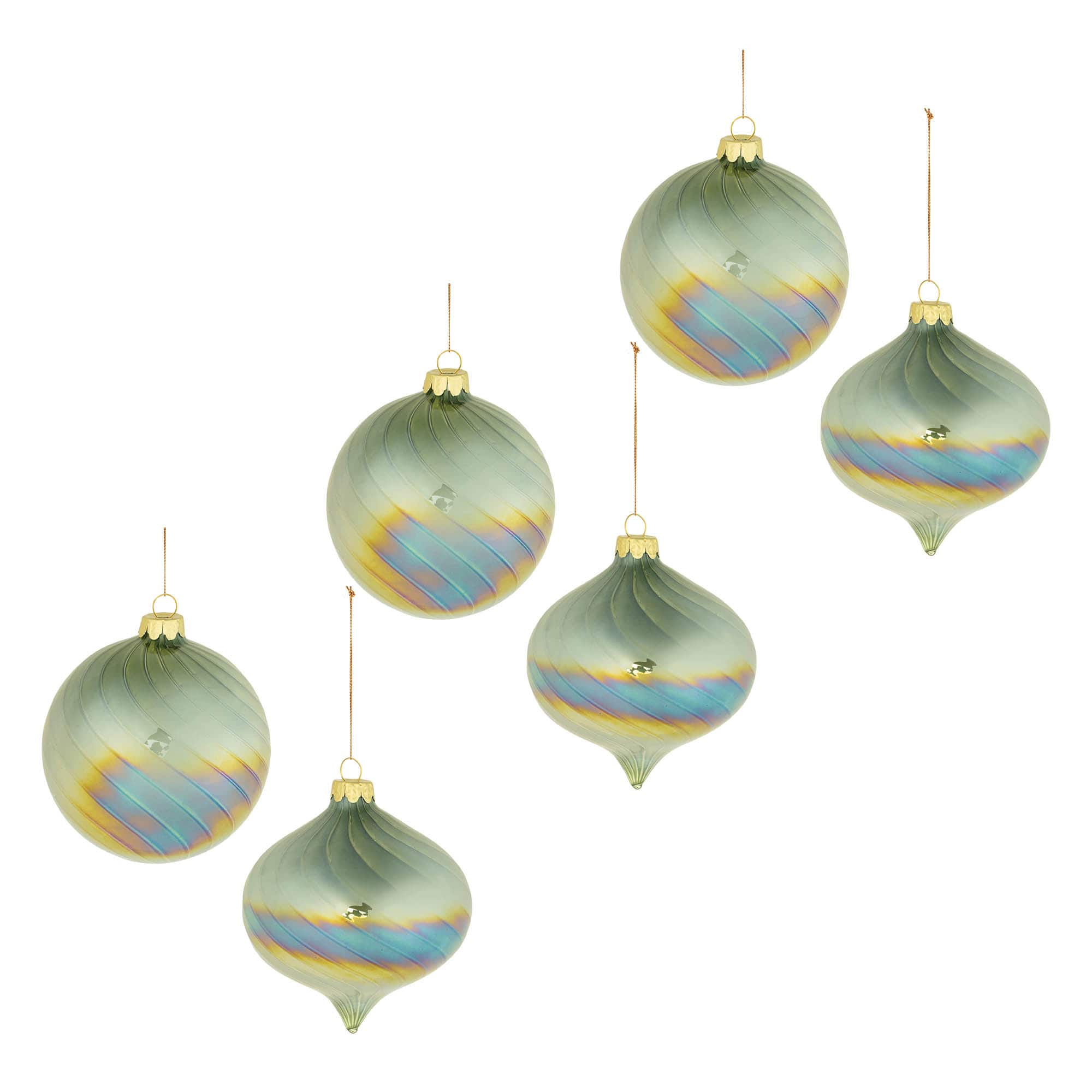 4.5" Green Iridescent Swirled Glass Ornament Set