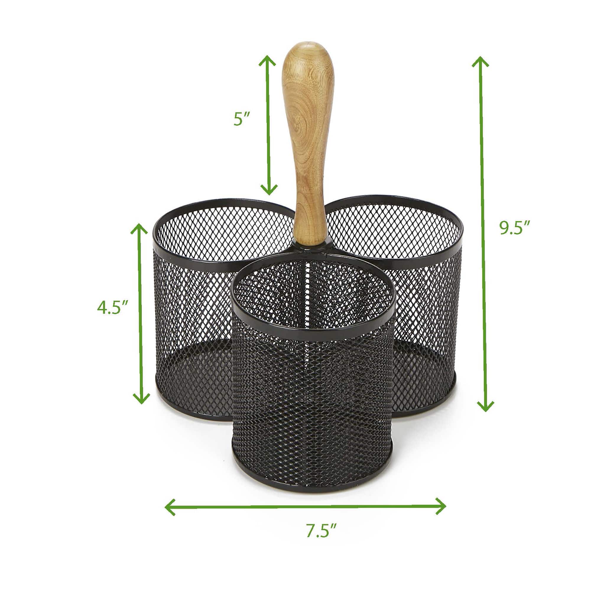 Mind Reader Network Collection Black 3-Compartment Utensil Caddy with Wooden Handle