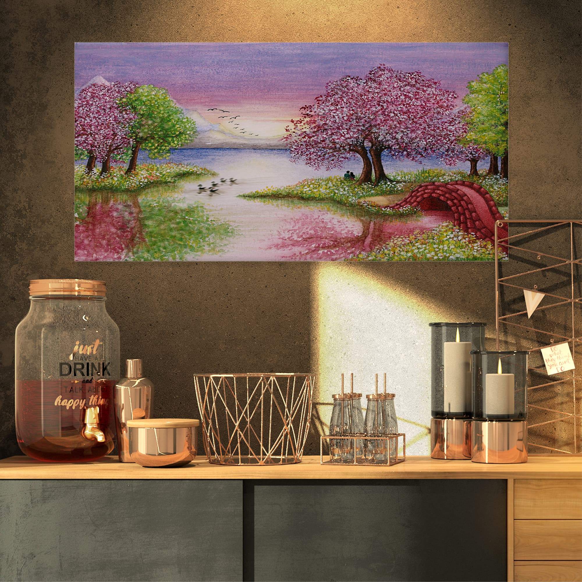 Designart - Romantic Lake in Pink and Green - Extra Large Wall Art Landscape