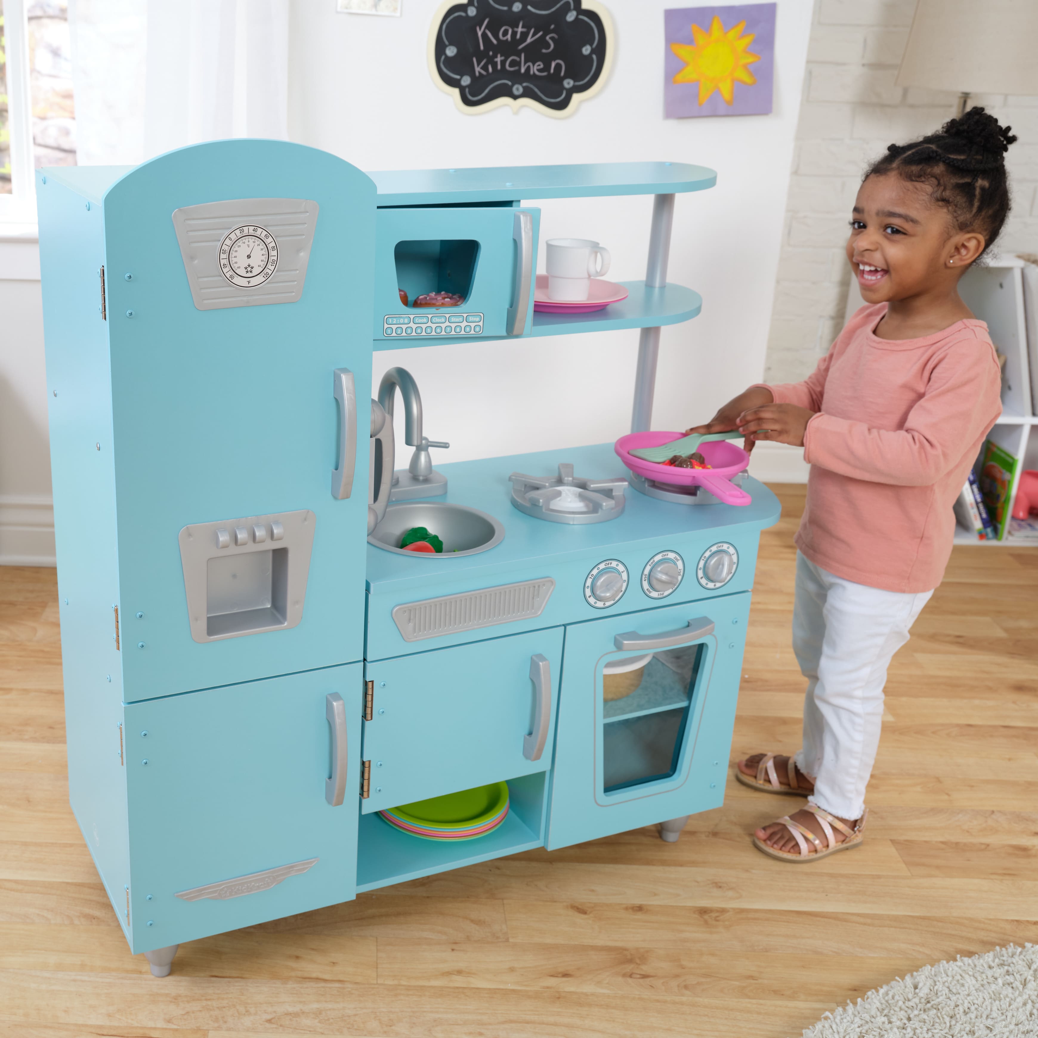 KidKraft Blue Vintage Wooden Play Kitchen with Pretend Ice Maker & Play Phone