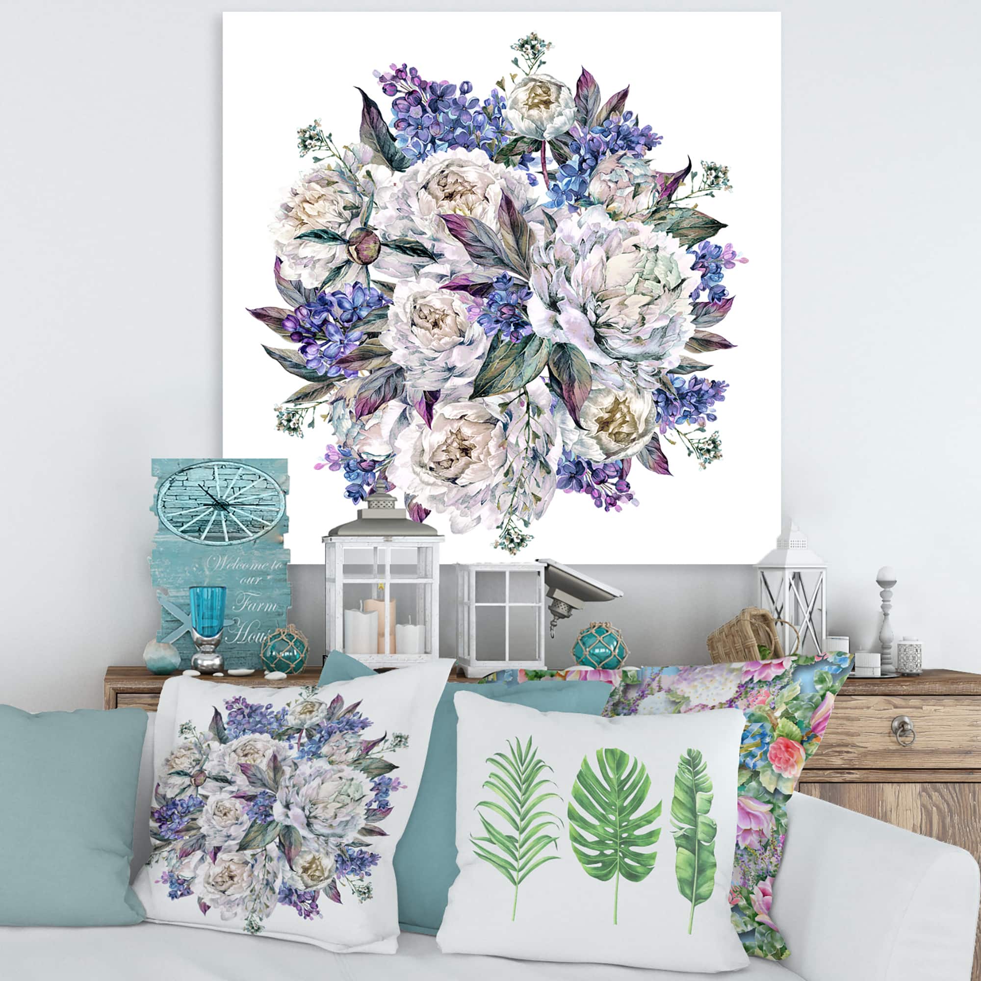 Designart - Bouquet Peonies In White and Blue