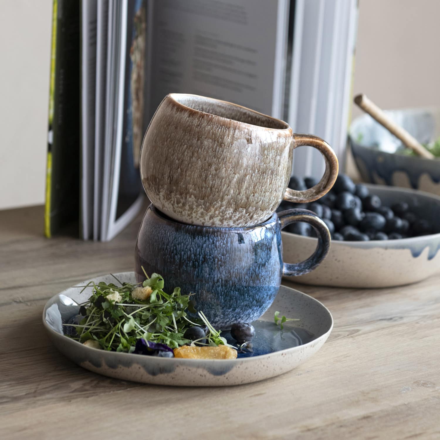 Hello Honey® 16oz. Brown & Blue Round Stoneware Mug Set, 2ct.