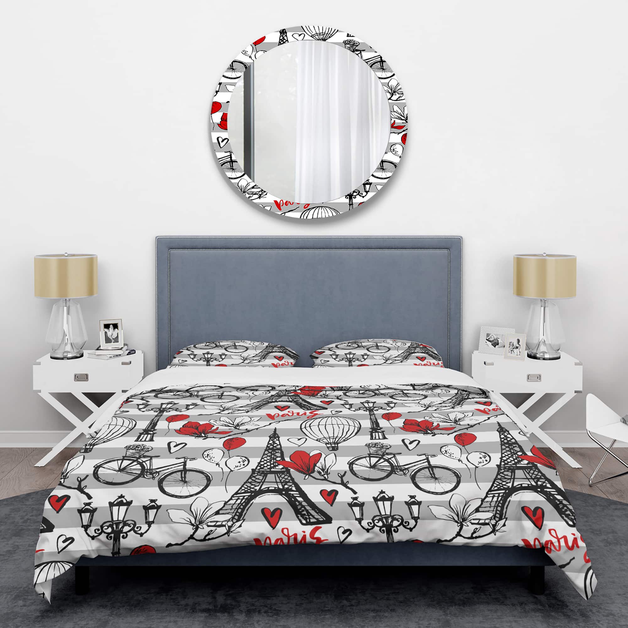 Designart 'Paris Eiffel Red Hearts II' Mid-Century Duvet Cover Set