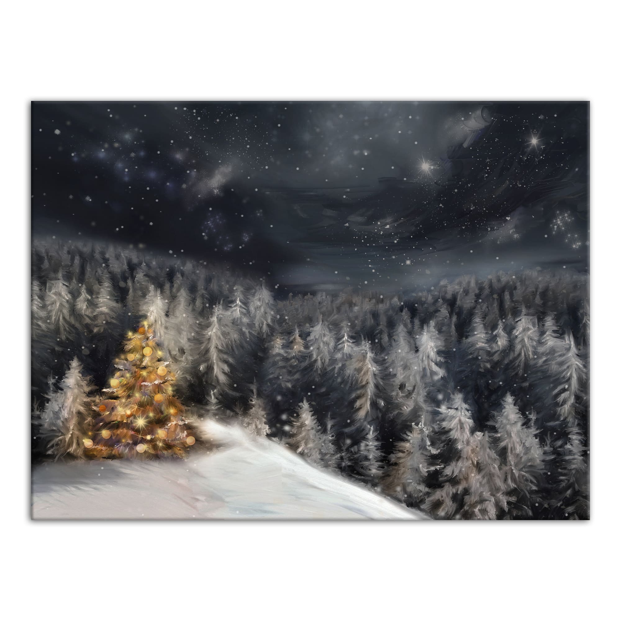 Lit Tree Winter Landscape Canvas Wall Art