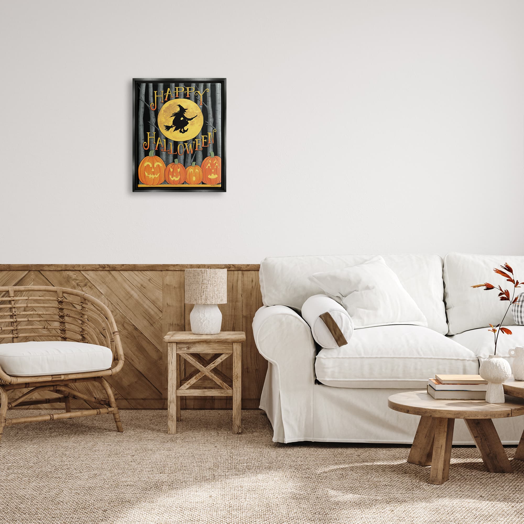 Stupell Industries Happy Halloween Forest Witch Framed Floater Canvas Wall Art