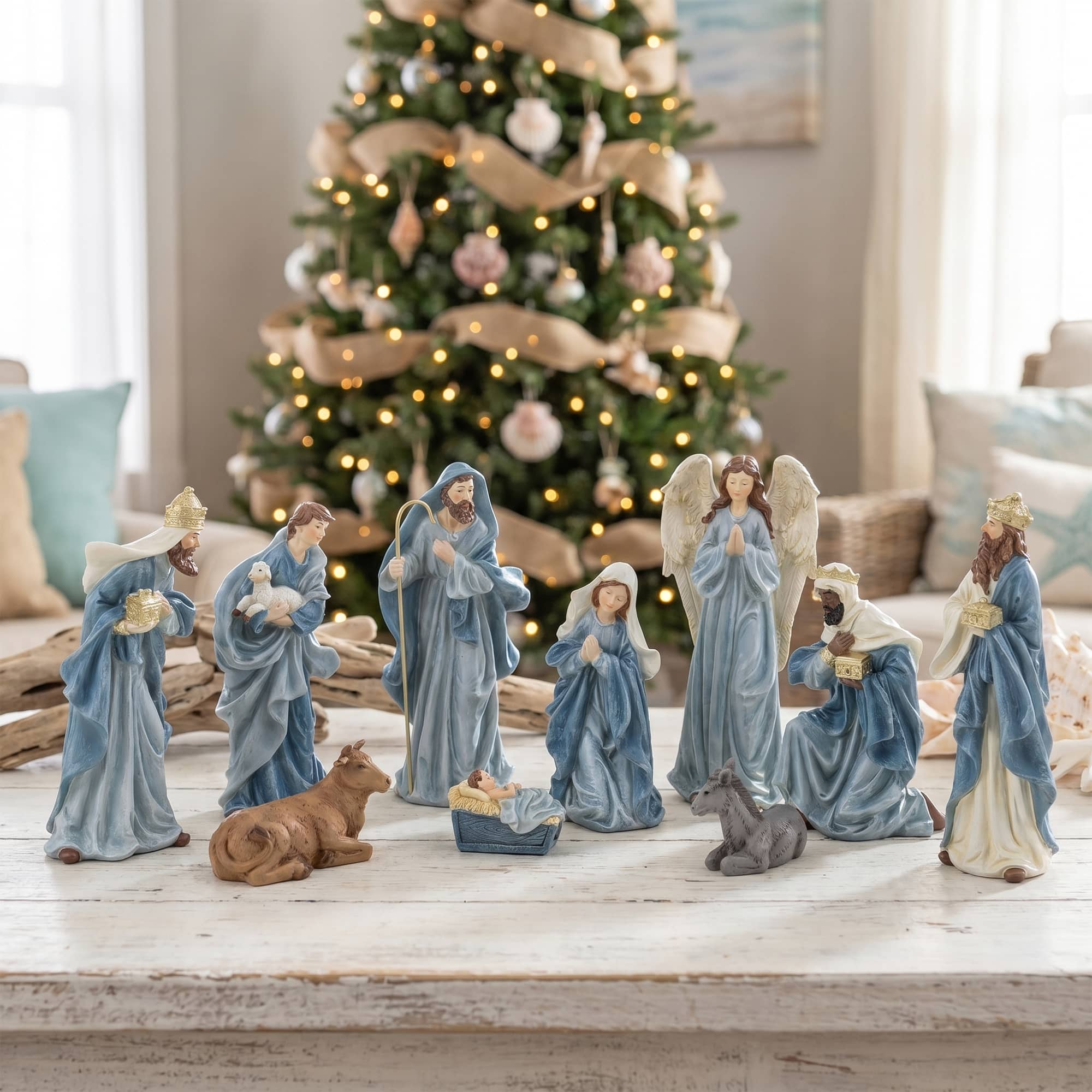 Glitzhome® 10-Piece 9.75" Celestial Blue Resin Christmas Nativity Figurine Set