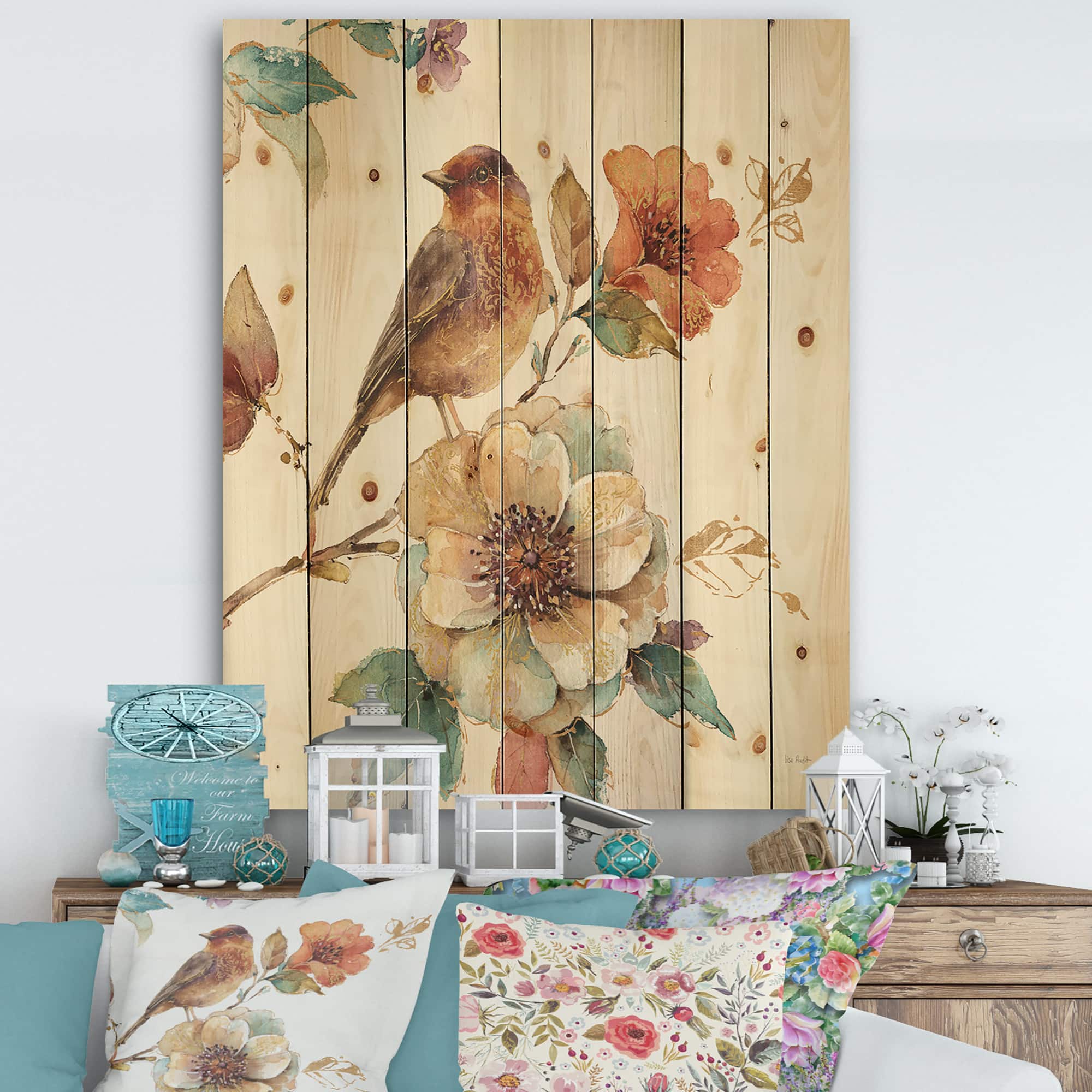 Designart - Farmhouse Bird on Flower Branch - Traditional Print on Natural Pine Wood