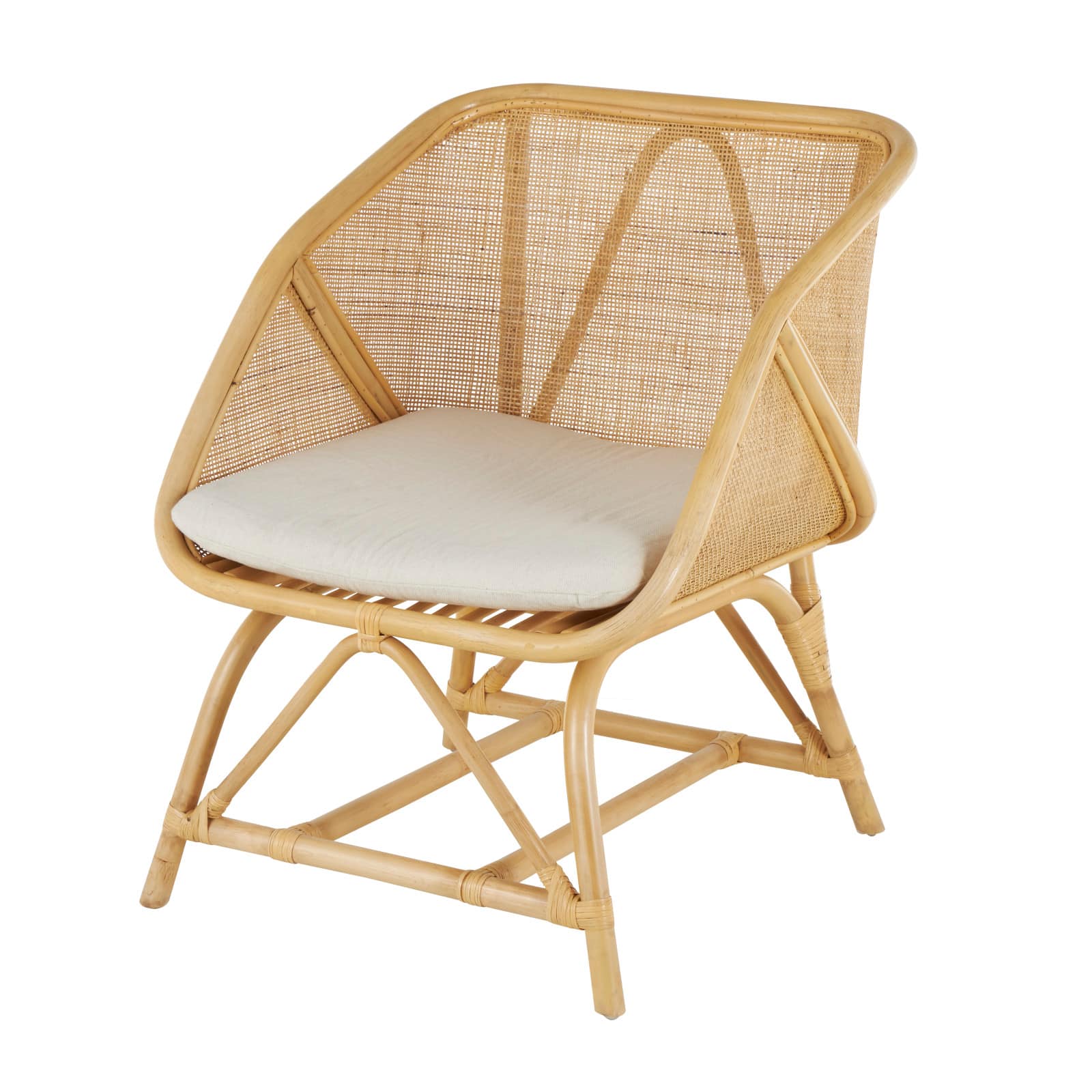 32" x 26" x 24" Light Brown Rattan Woven Squared Accent Chair with White Fabric Cushion