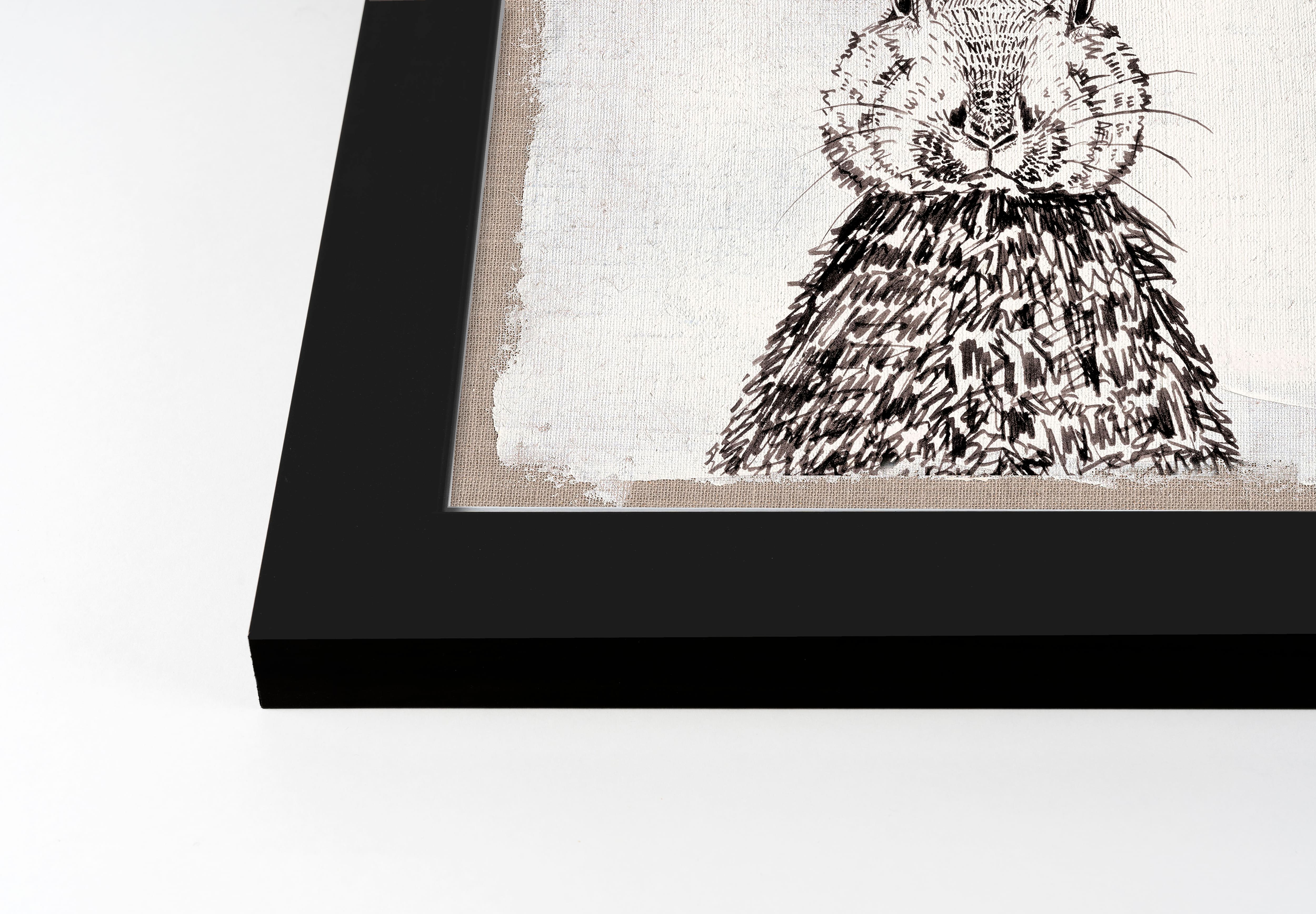Ink Drawing Bunny Burlap 16" x 16" Black Framed Print Under Plexiglass