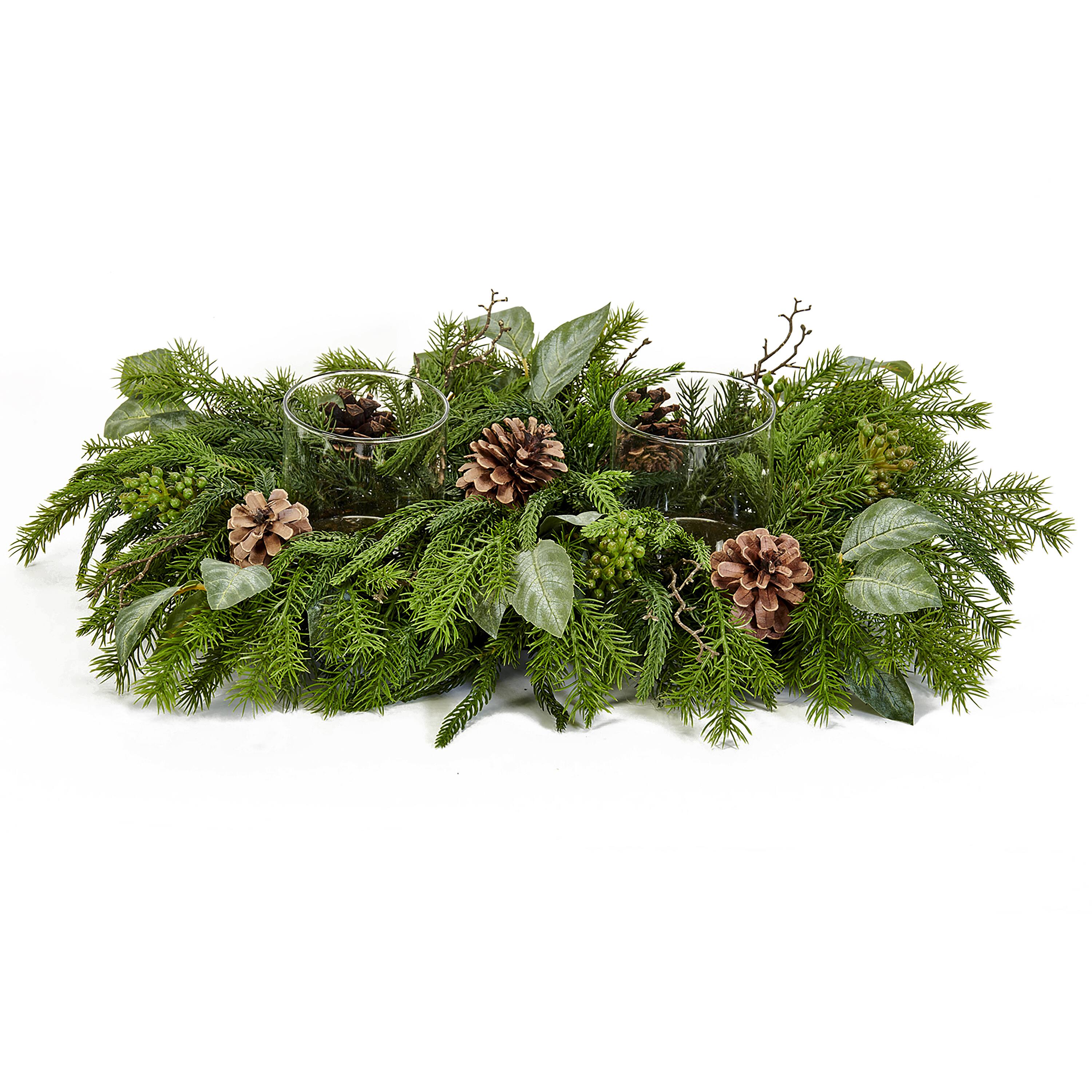 26" Real Look Cypress & Pine Cone Centerpiece Candle Holder