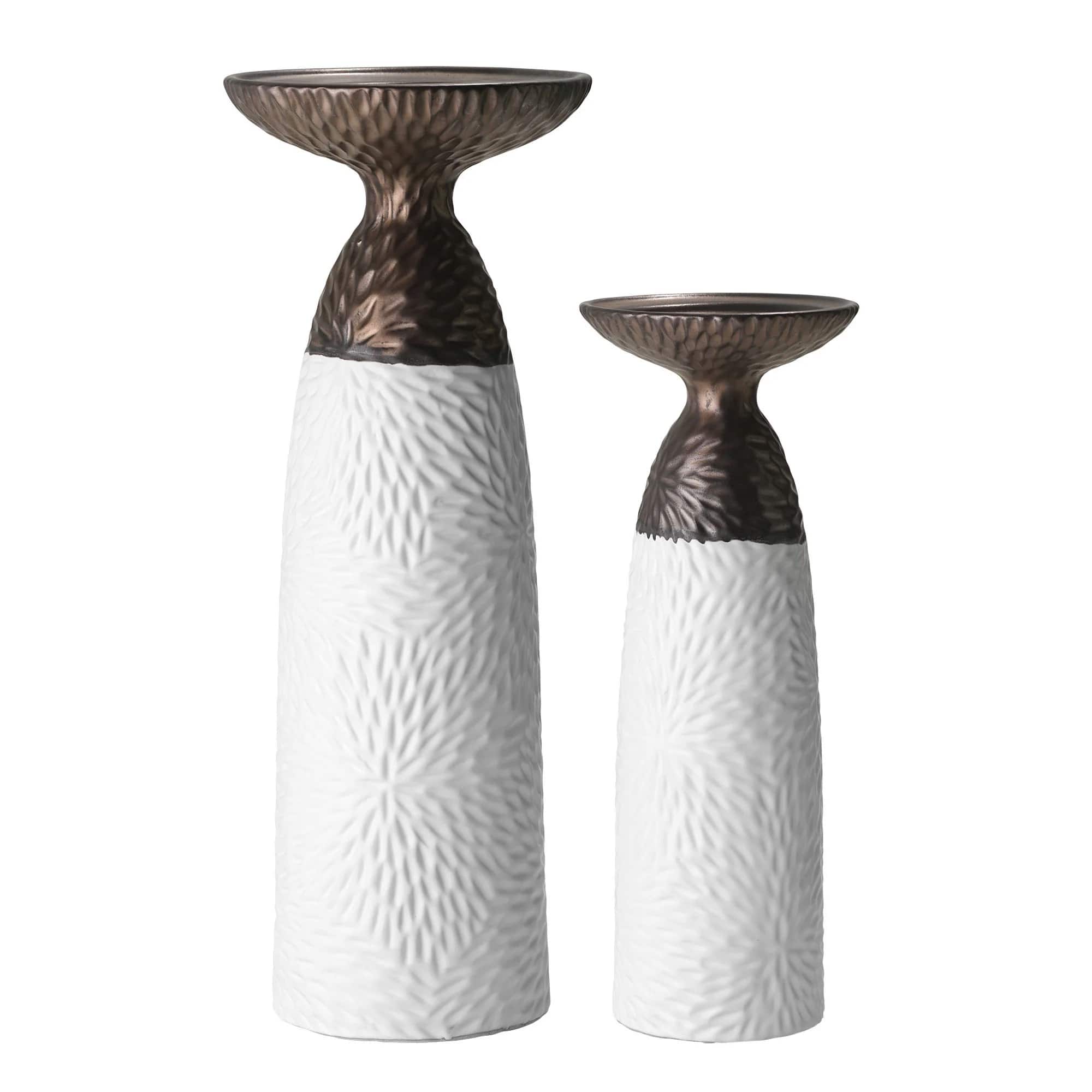 American Art Decor Twin Crucibles 2-Piece Table Top Candle Holder Set in White - 15.25" x 4.5", 15.25" x 4.5"