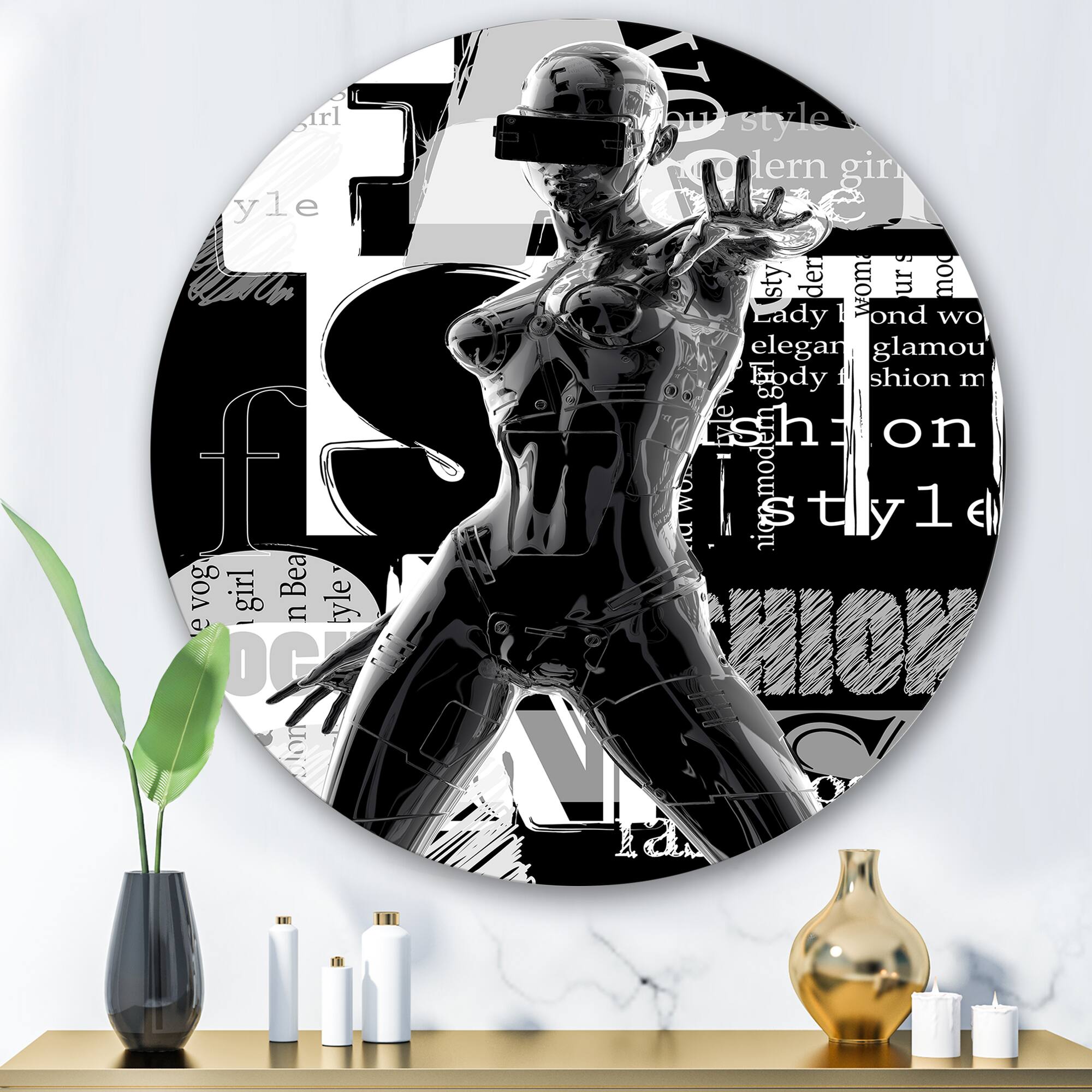 Designart - Monochrome Cyborg Body II - Modern Metal Circle Wall Art
