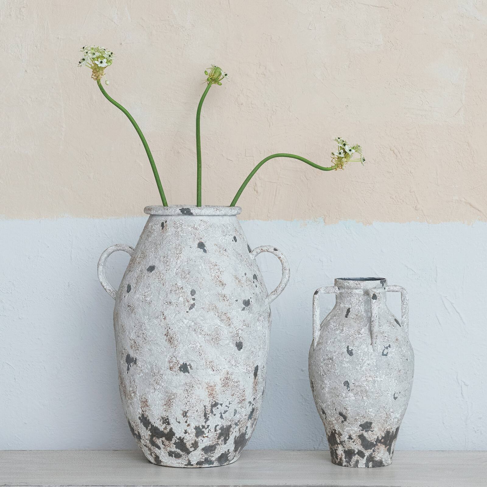 Hello Honey® 15.25" White Decorative Metal Urn with Handles & Heavily Distressed Finish