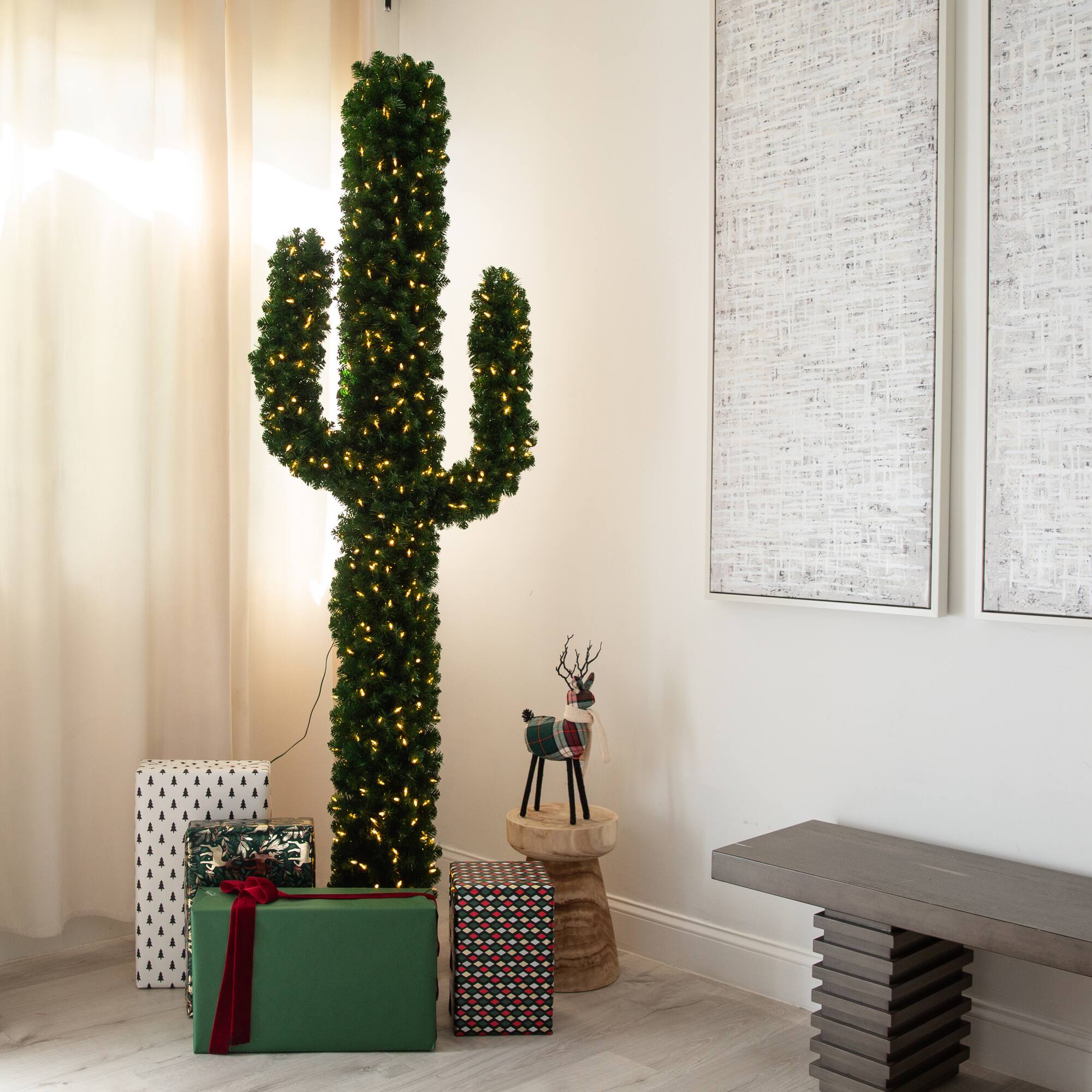 7ft. Pre-Lit Green Cactus Artificial Christmas Tree, Clear Micro LED Lights
