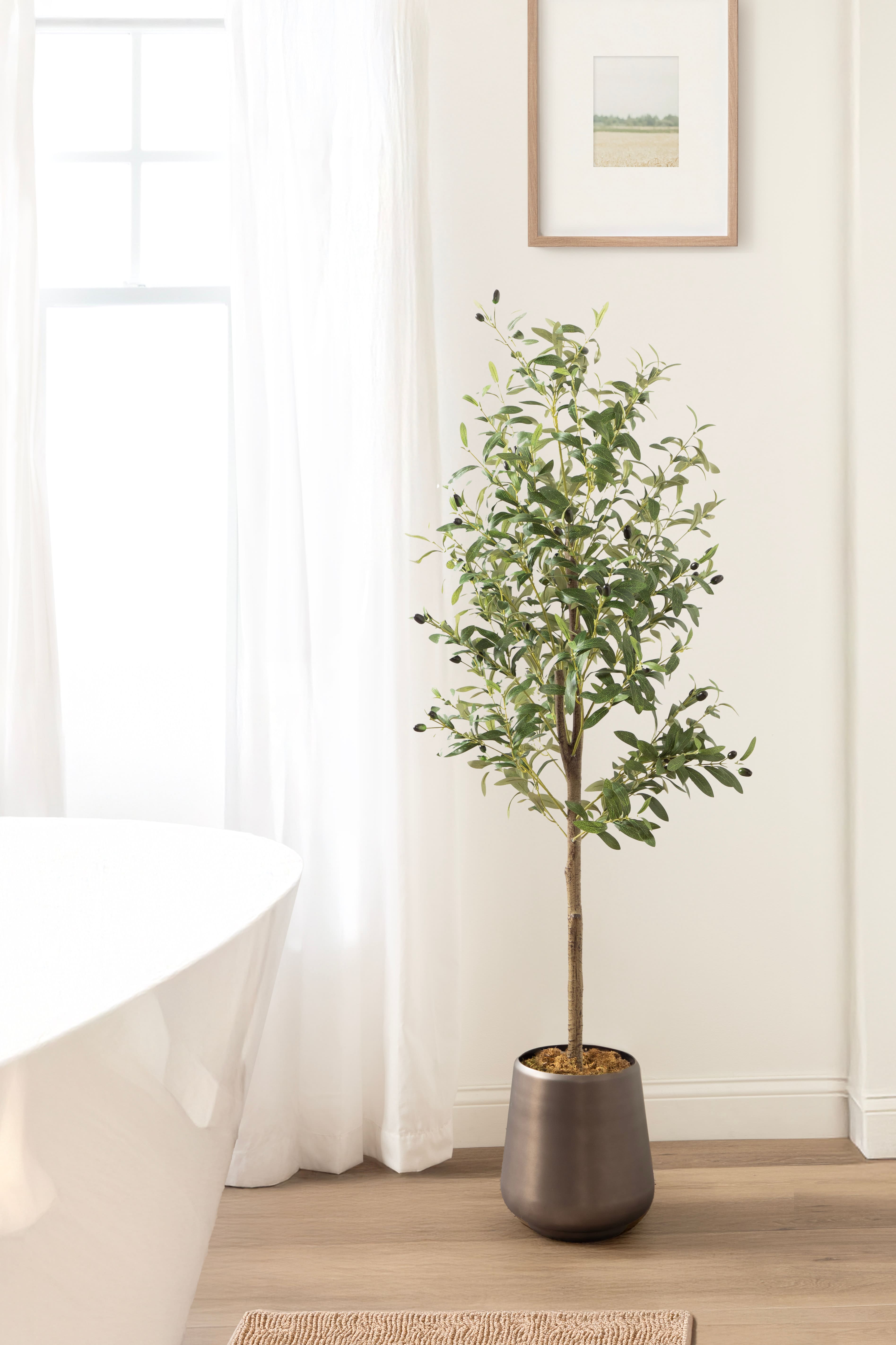 Kate and Laurel 5ft. Green Oliveira Faux Olive Tree with Round Metal Planter