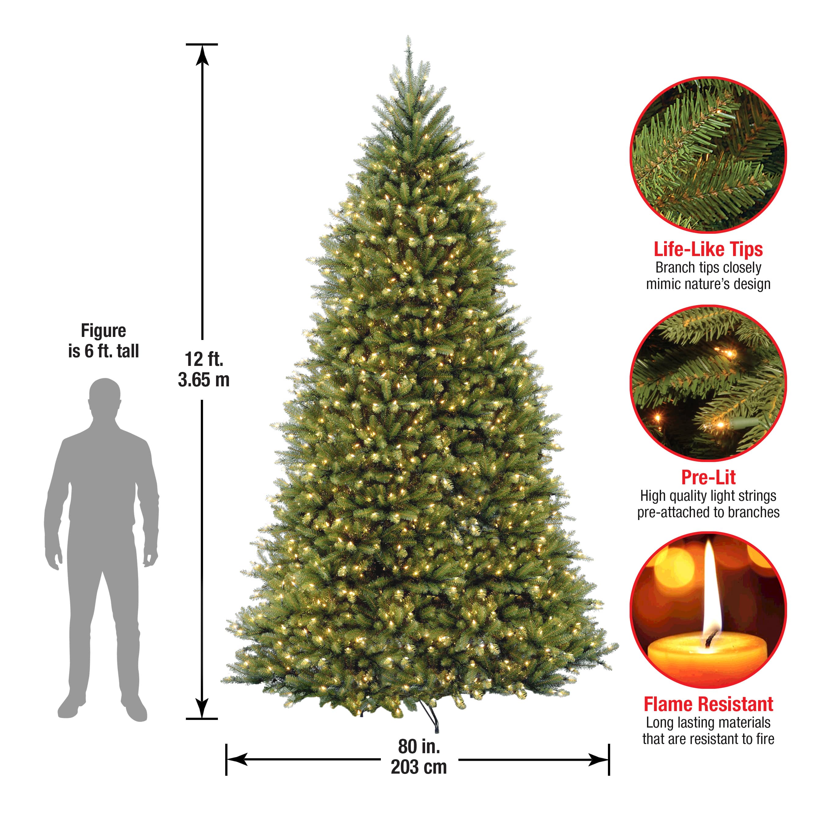 12 ft. Pre-Lit Dunhill® Fir Hinged Full Artificial Christmas Tree, Clear Lights