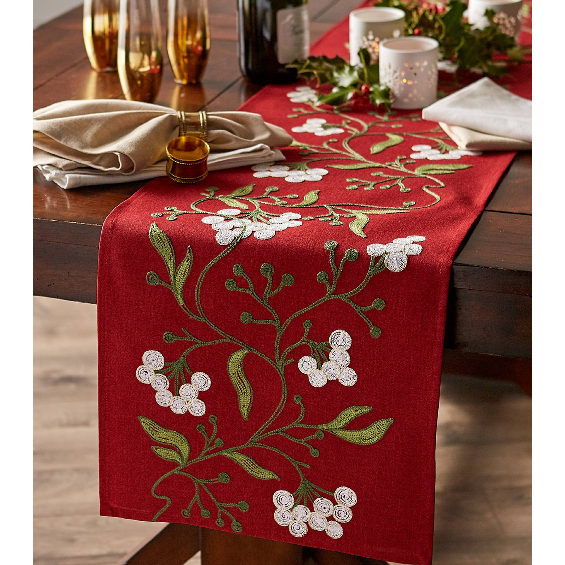 DII® 70" Red Mistletoe Embroidered Table Runner