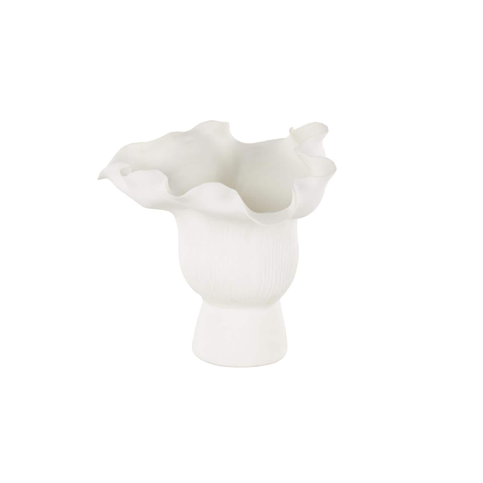 9.75" White Ceramic Abstract Floral Vase with Linear Grooves