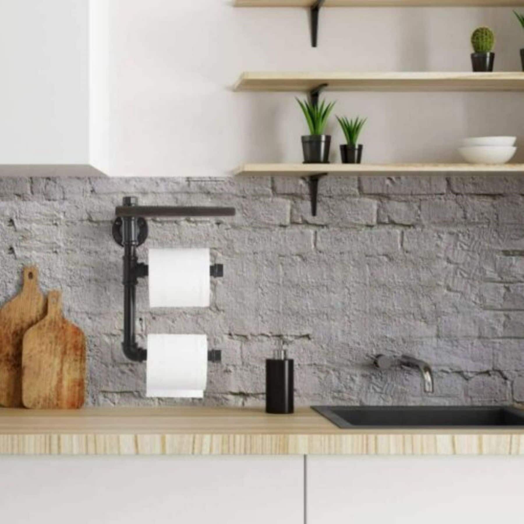 Black Wall-Mounted Double Toilet Paper Holder with Wooden Shelf