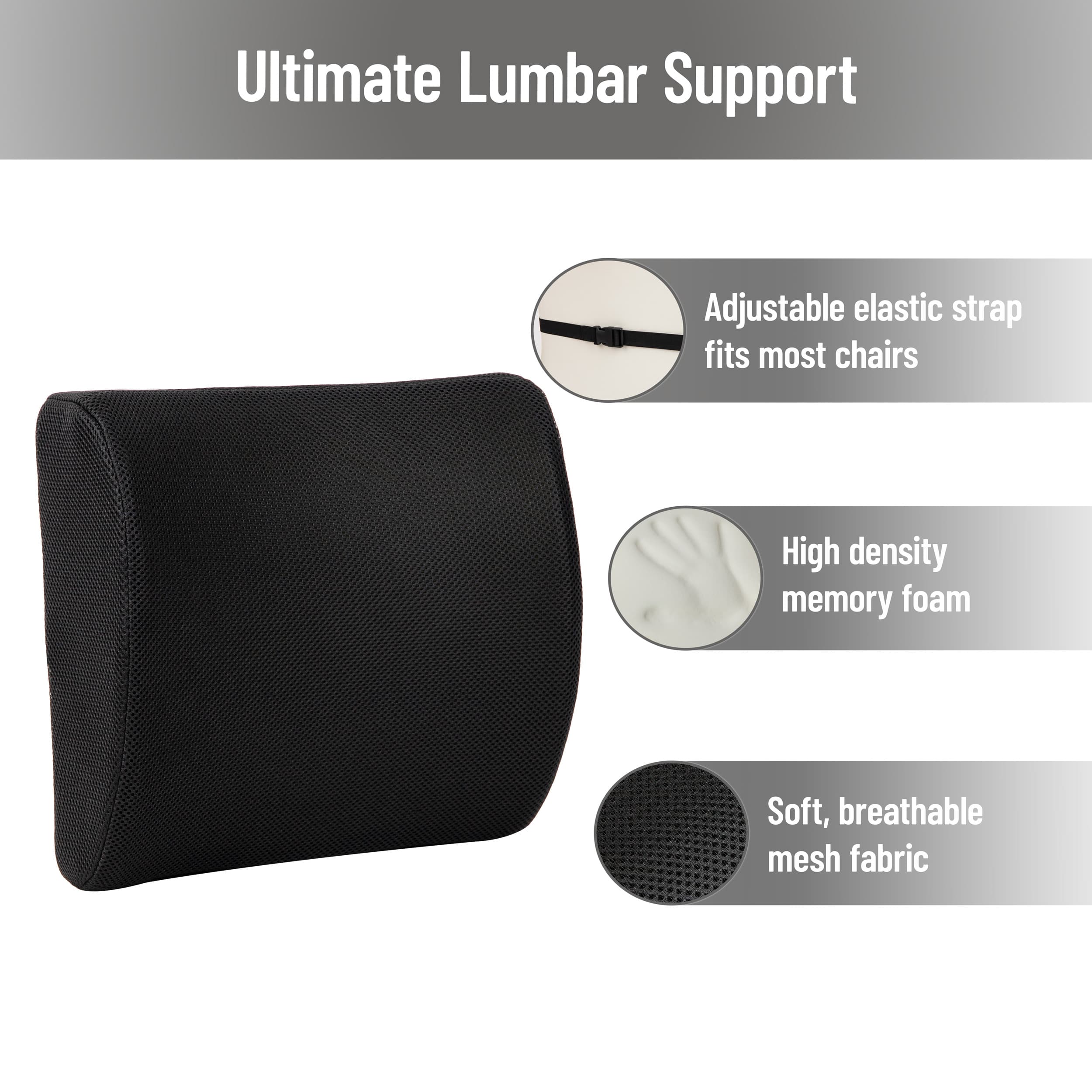 Mind Reader 13.25" Black Lumbar Support Memory Foam Pillow with Air-Cloud Technology