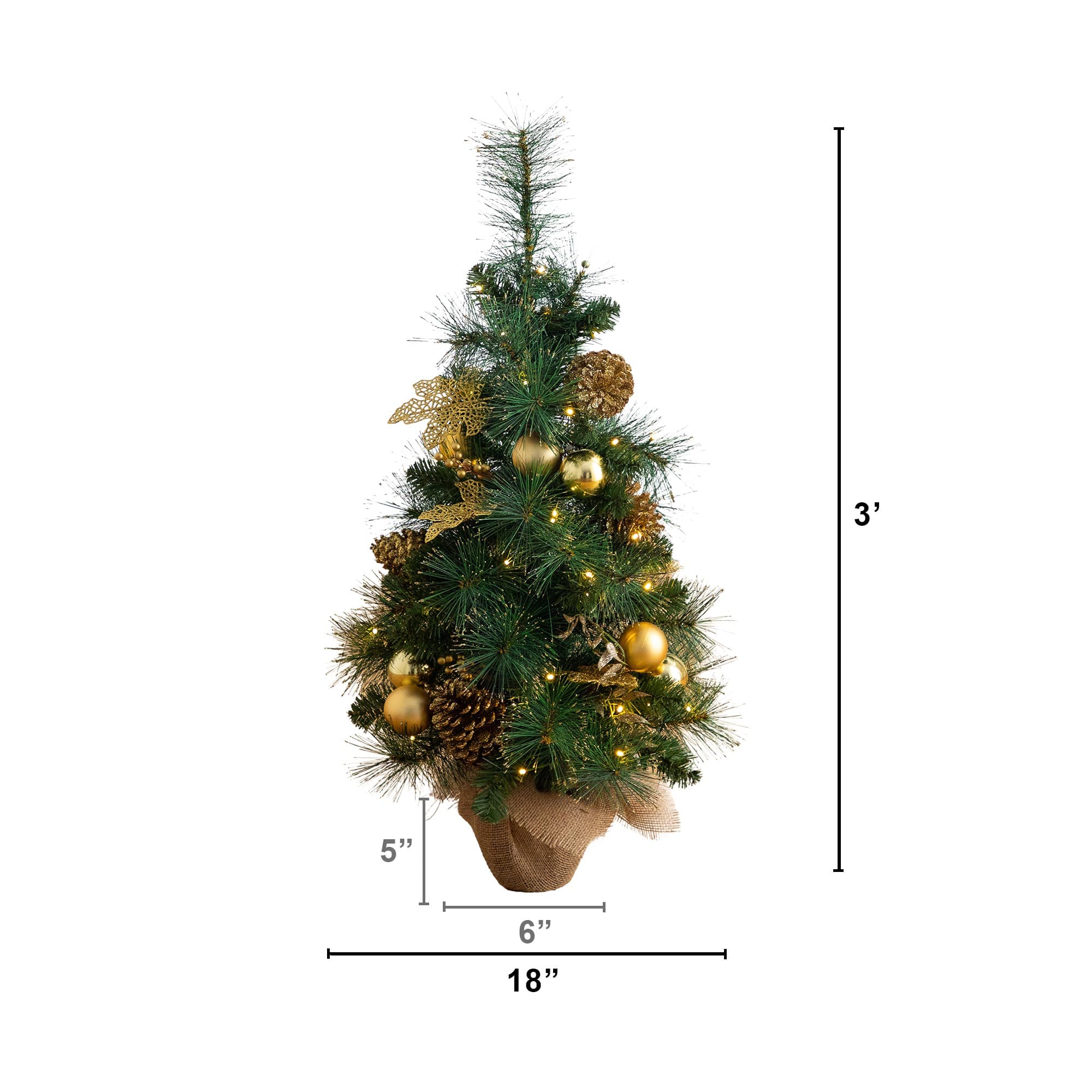 Nearly Natural 3ft. Pre-Lit Artificial Christmas Tree with Gold Ornaments & Pinecones in Jute Wrapped Base, Warm Lights