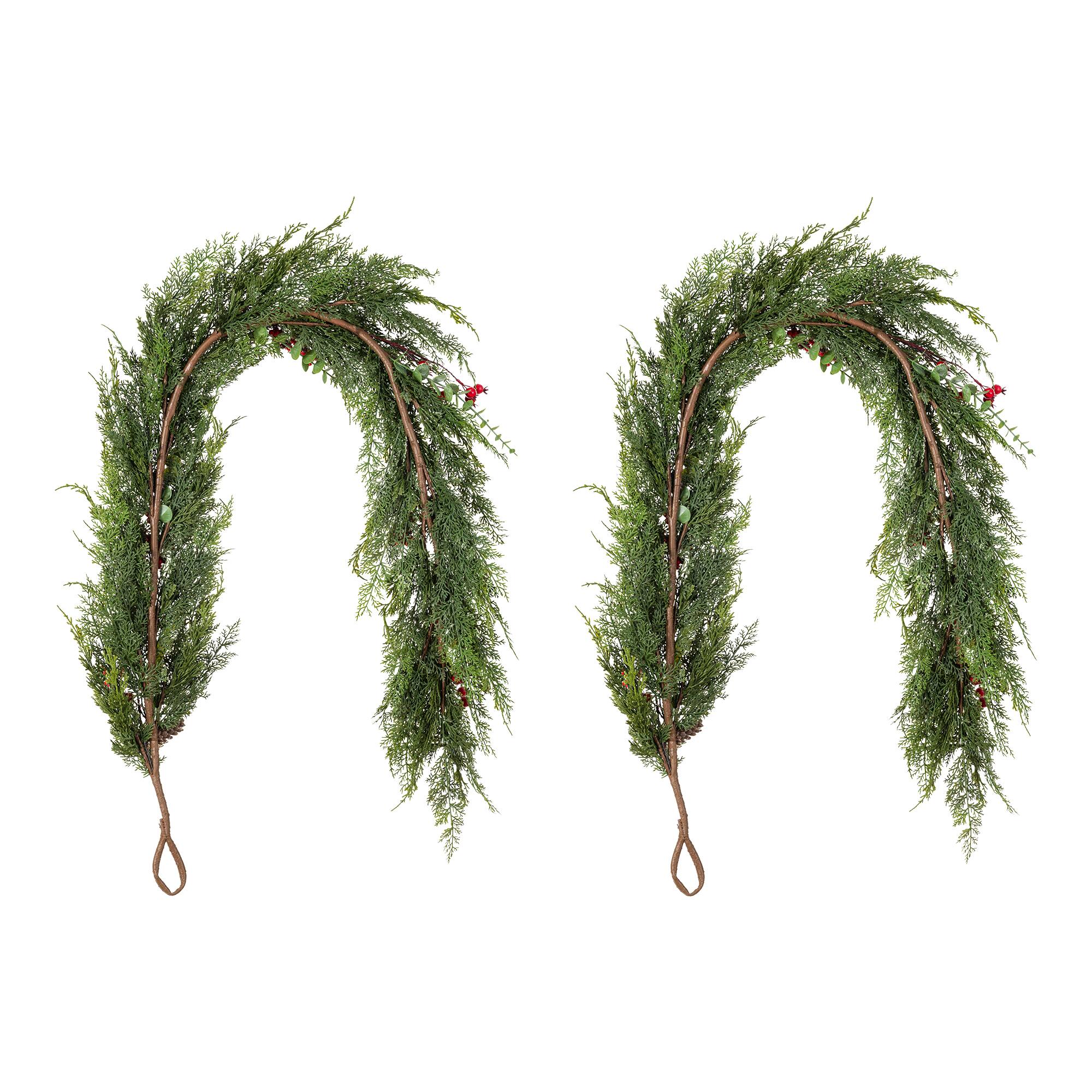 Glitzhome® 6ft. Christmas Greenery Frosted PE Dripping Garland with Pinecones & Red Berries, Set of 2