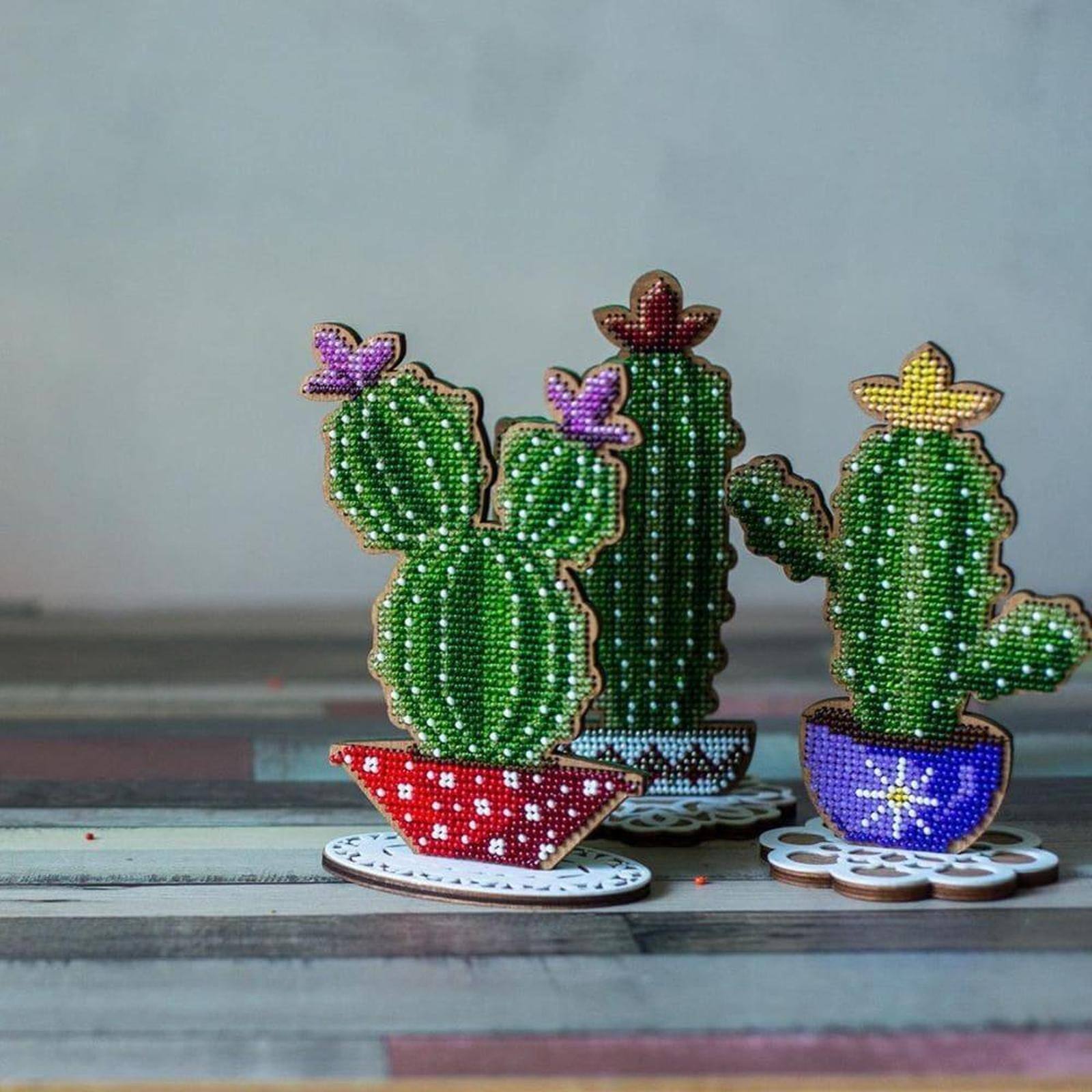 Wonderland Crafts Tall Cactus in Bowl Bead Embroidery on Wood Kit