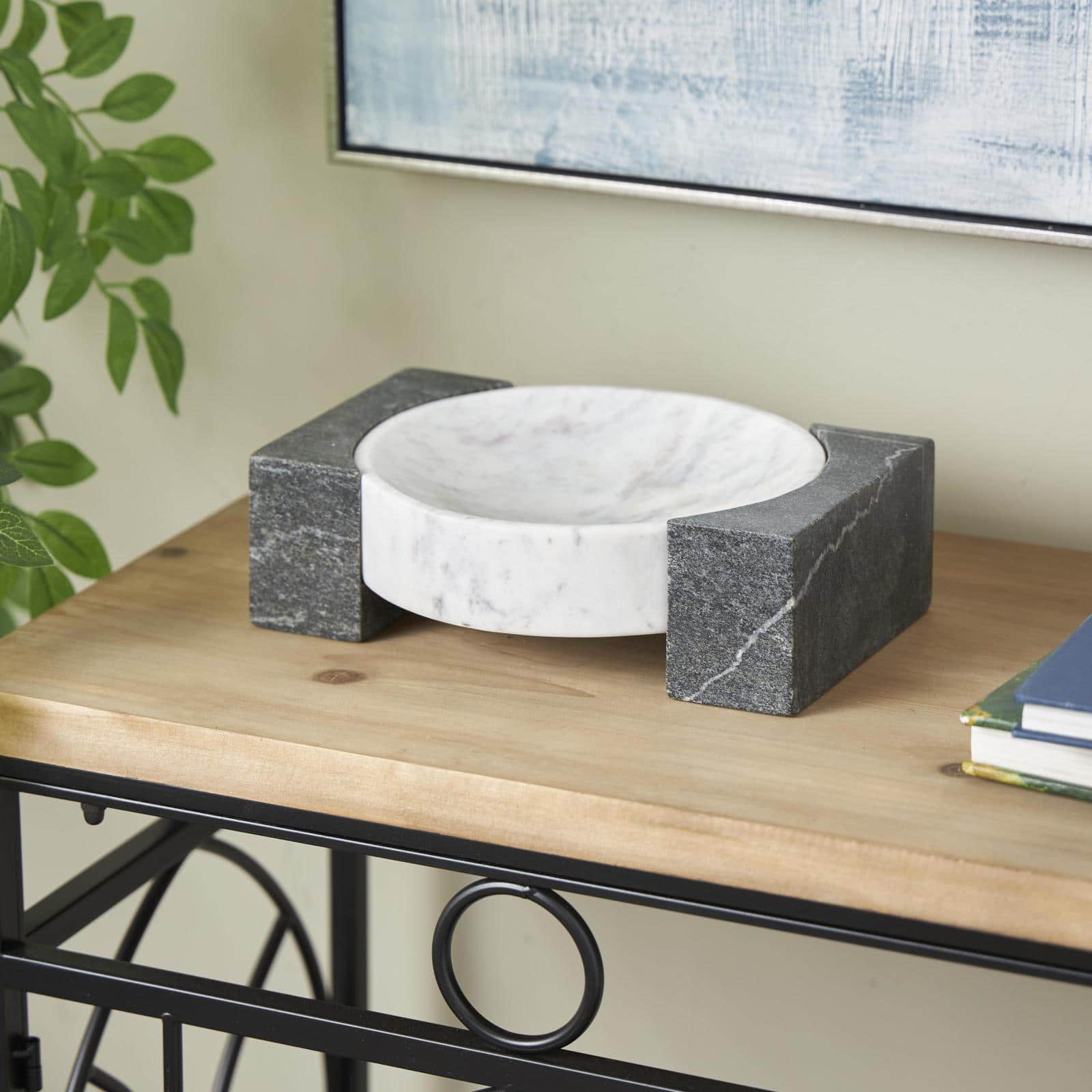White & Black Marble Geometric Round Tray with Rectangular Blocks