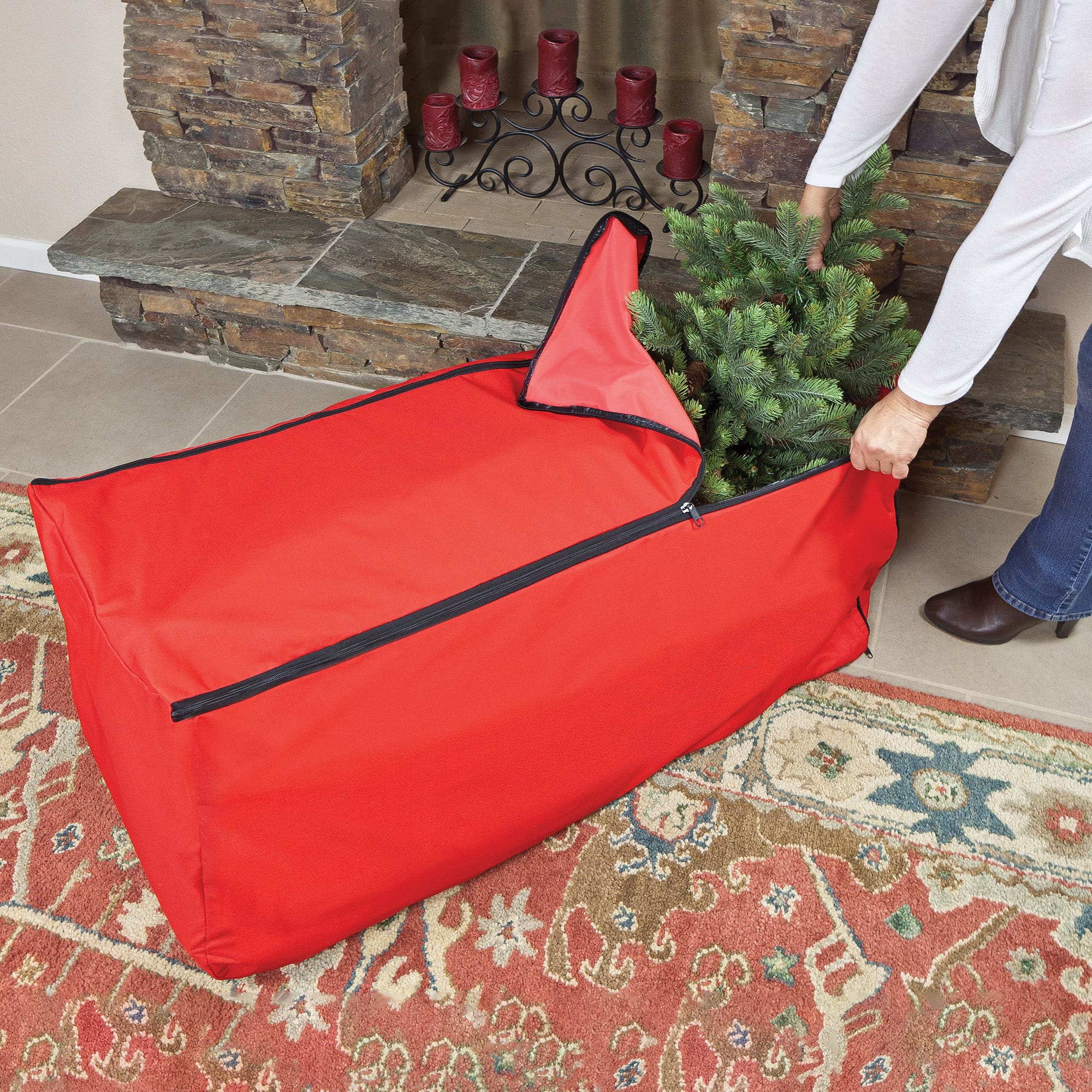 57" Red Quilted Rolling Christmas Tree Storage Bag for Trees up to 9ft.