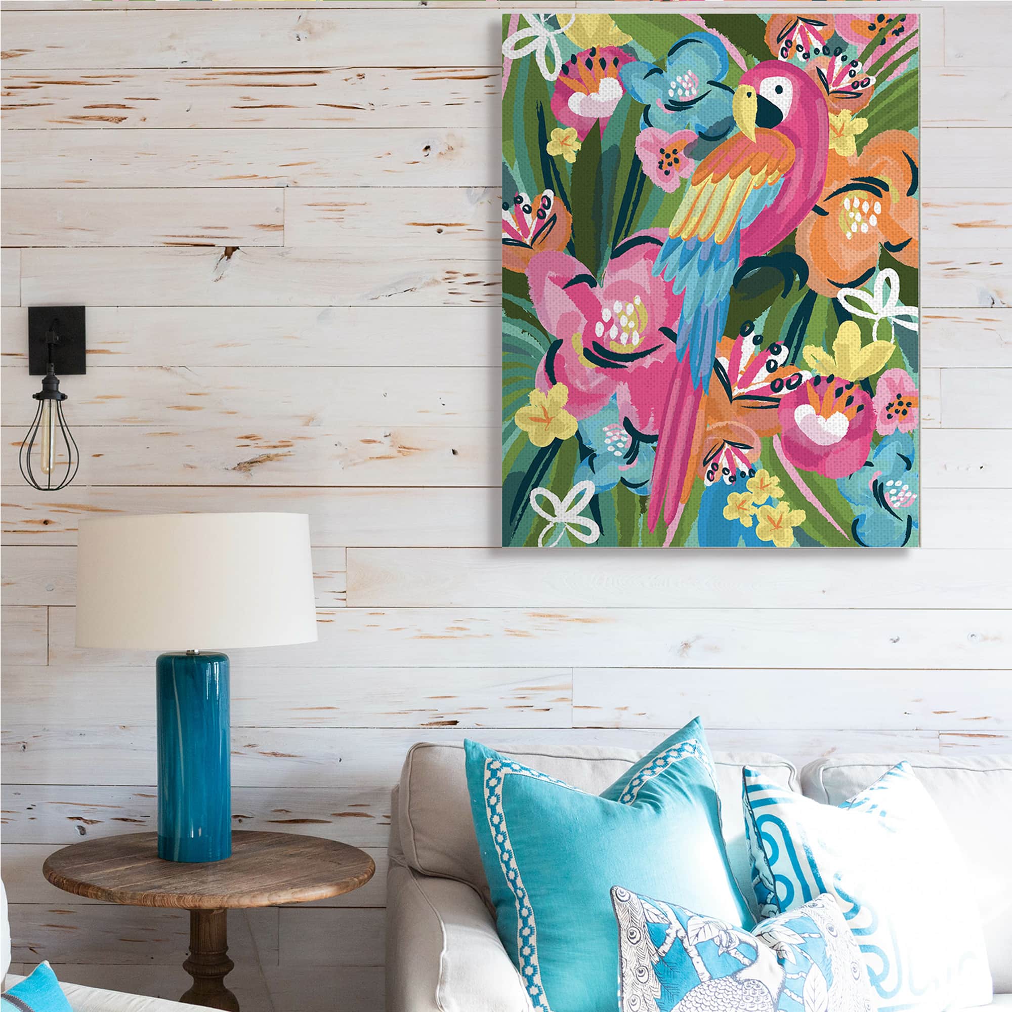 Stupell Industries Tropical Flowers and Parrot Whimsical Florals Canvas Wall Art