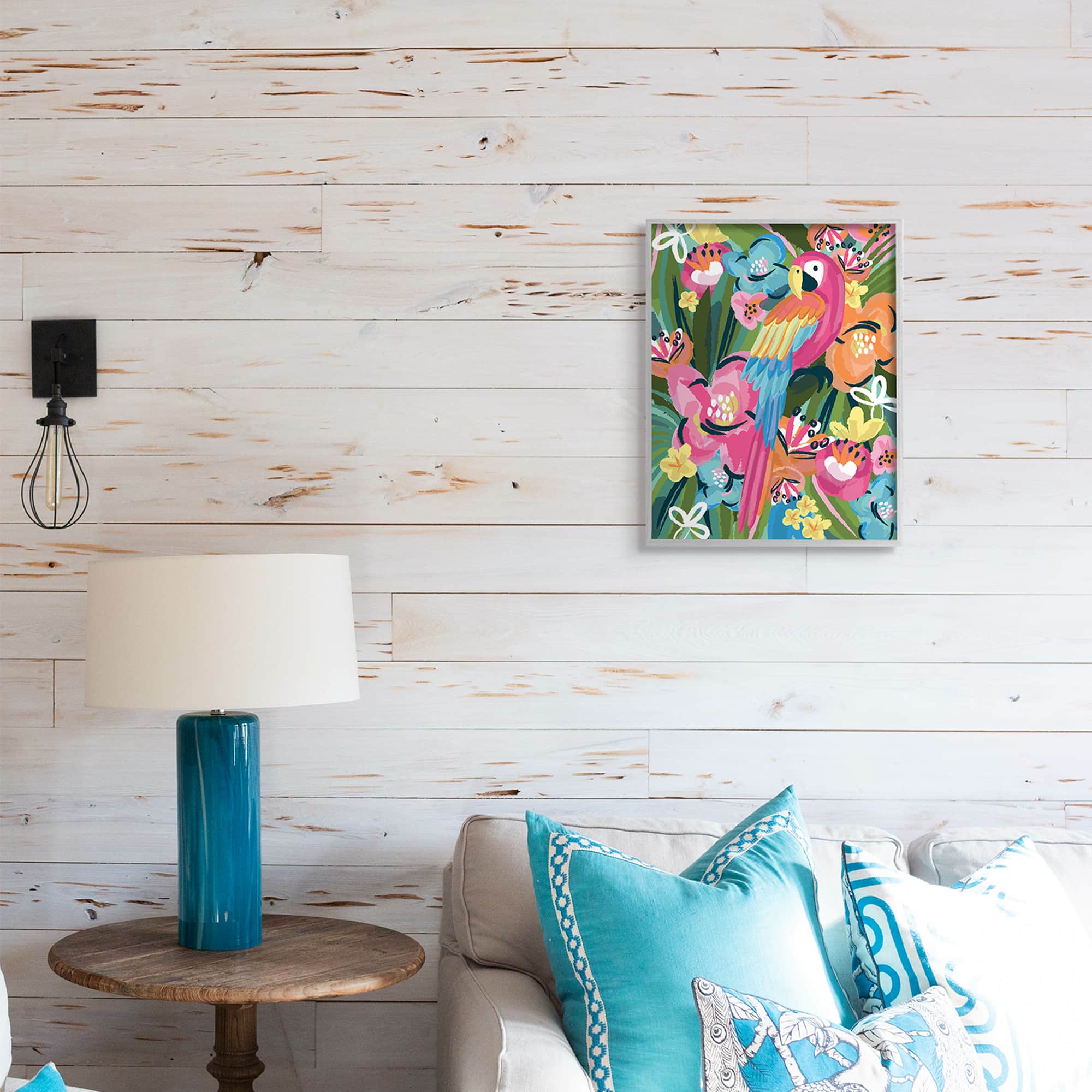 Stupell Industries Tropical Flowers and Parrot Whimsical Florals in Gray Frame Wall Art