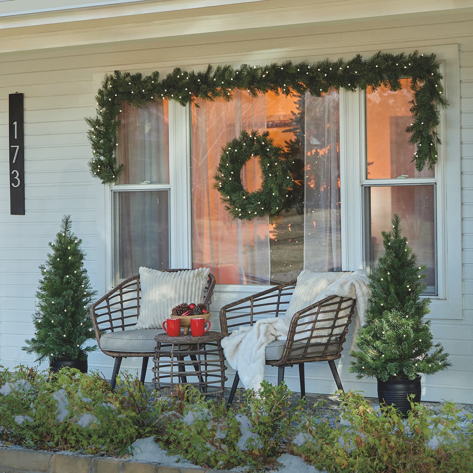5pc. Pre-Lit Jackson Spruce Potted Artificial Christmas Trees, Garlands & Wreath Set, Warm White LED Lights by Ashland®